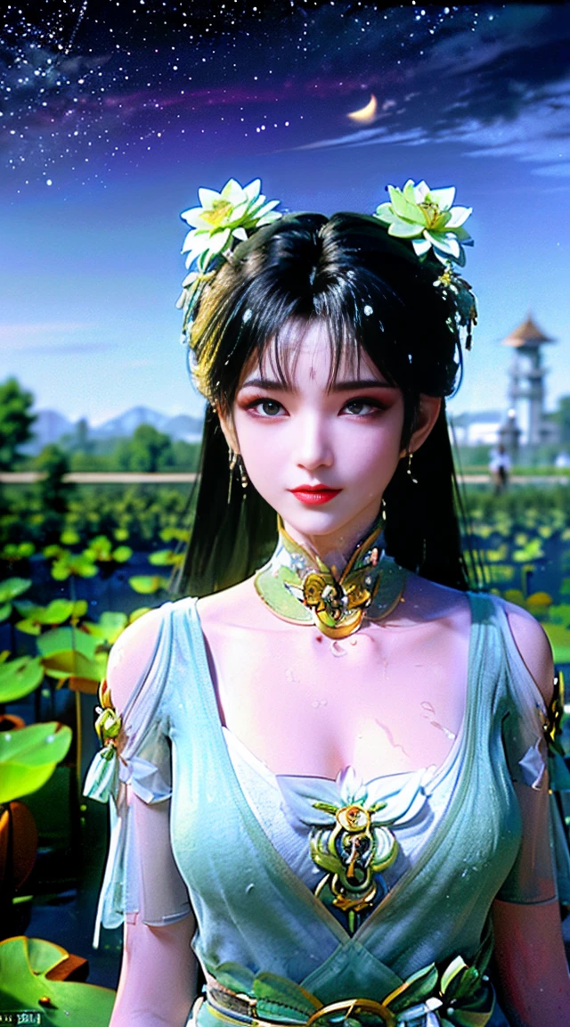 (((A fairy standing in a lotus pond))), ((short dress)), hair jewelry, double tail, (Exquisite and exquisite jewelry), The perfect beautiful face of the goddess Athena, ((Hanfu、white、green、See-through thin sequinany details )), Legendary Goddess, Iconic Goddess, Shining beautiful goddess style, red lipstick,(shy), detailed and delicate, lips delicate and delicately detailed beauty, (Clear and perfect face: 1.9), Body of the goddess, round chest, Long flat bangs, Flower tattoo on the forehead, Beautiful face bright and balanced eyes, (light purple eyes: 1.8) , (Big round eyes and makeup, sexy wet eye makeup, Very beautiful and careful hair and makeup, long and delicate hair, delicate, shape: 1.8), shape shape: And alive, ((stars that make up the sky: 1.7), (((空の中の空と架空の時空のgreenい門: 1.8))), fictional art, empty night