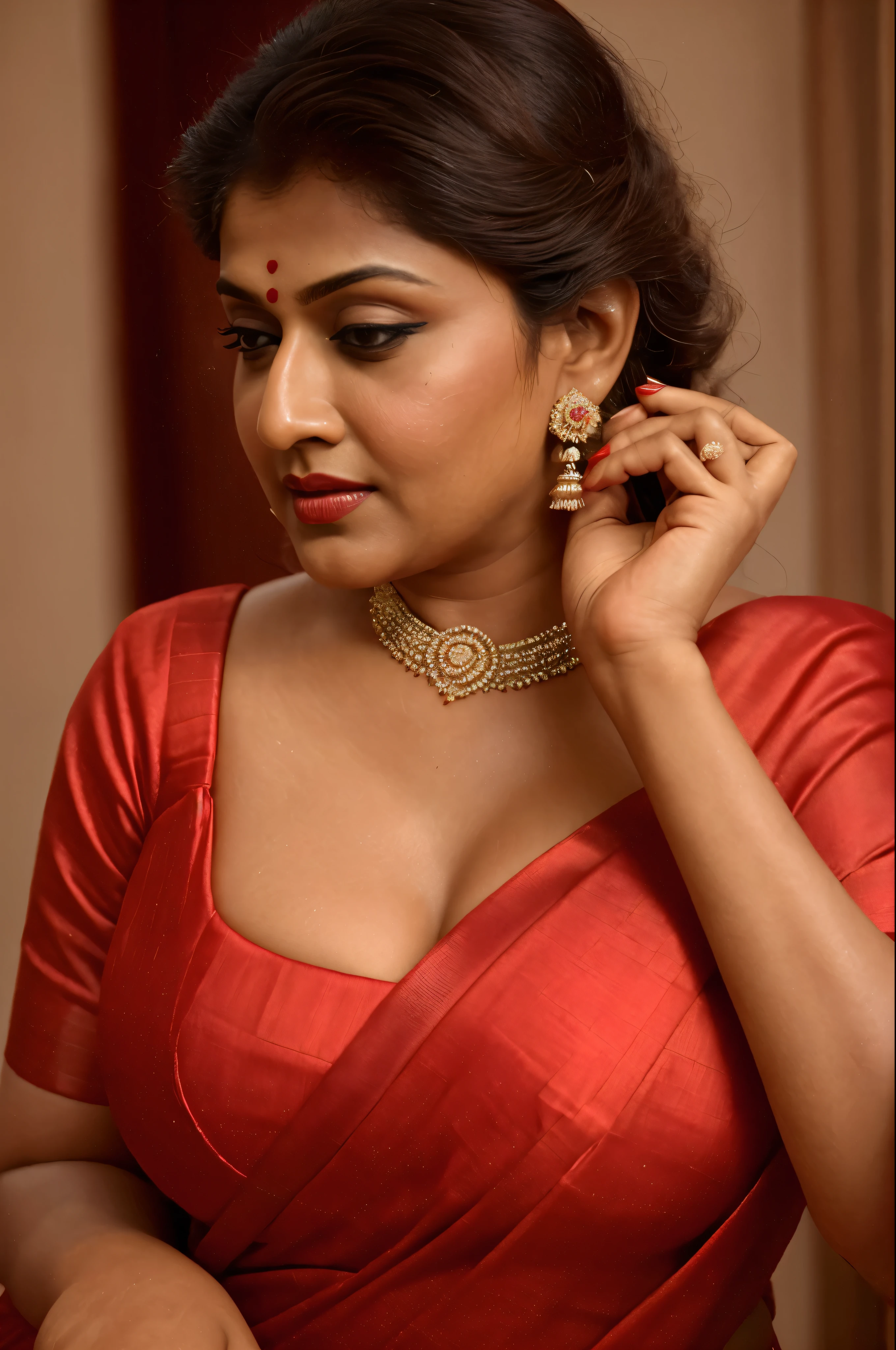 Anusha hot cleavage photos in red saree - SeaArt AI