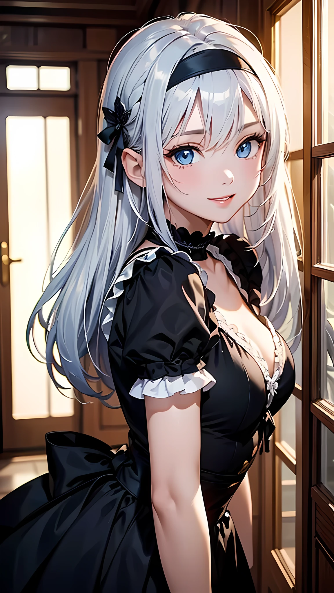 (masterpiece, highest quality, highest quality,official art),(1 girl:1.3),(attractive girl),((masterpiece, highest quality))、8K、one woman、（(30 years old)）、((silver hair))、long hair、messy hair、attractive woman、blue eyes、Big eyes、sparkling eyes、Beautifully drawn eyes、smile、small bust、Black Gothic Maid、((white headband))、(look back)、Knee to head、Entrance of a luxurious house、aerial perspective、pure、transparent、Light、Light、Light、