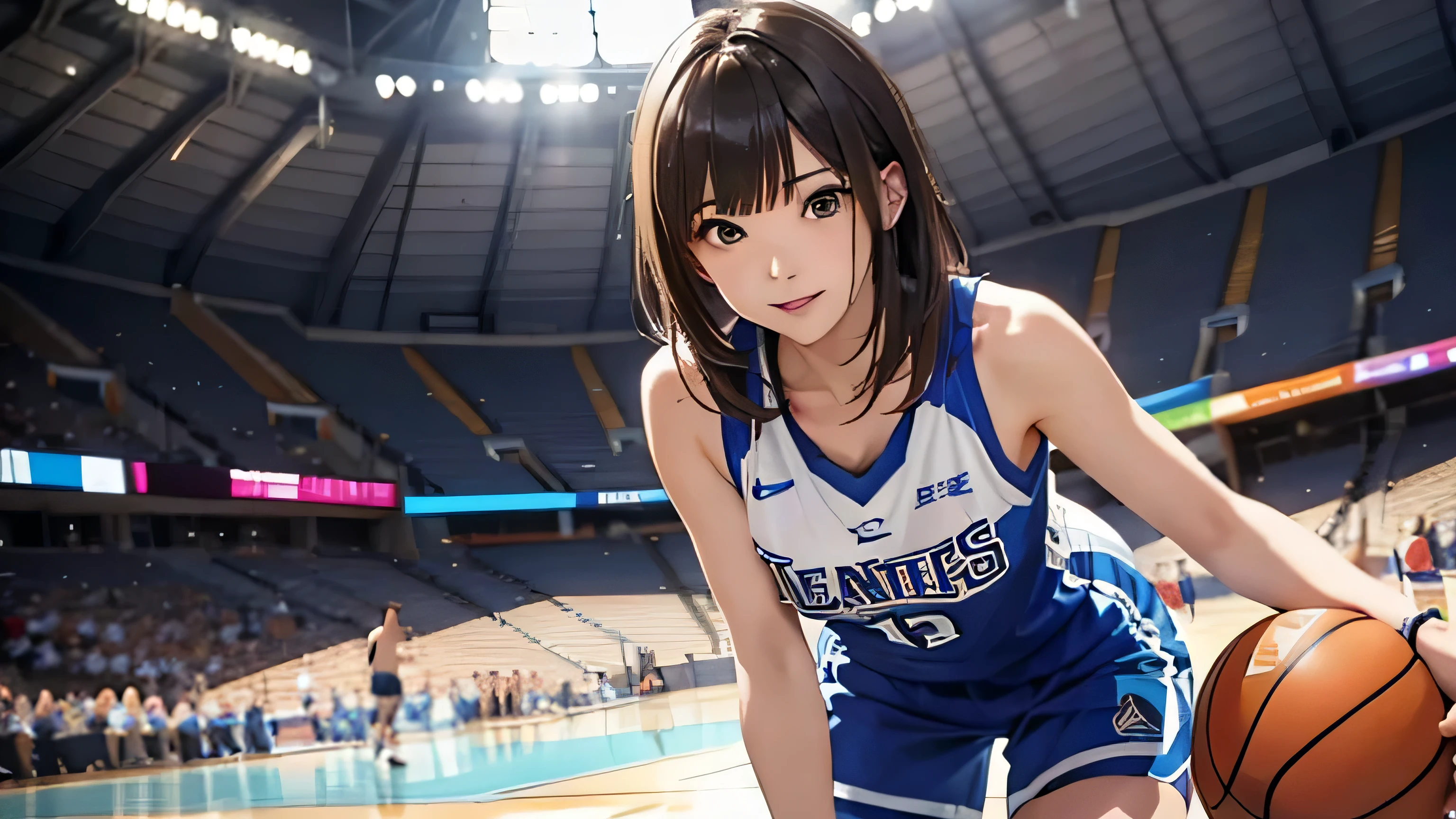 gym、basketball court、stadium、 masterpiece, highest quality, cinematic light, 8K resolution, sharp focus: 1.2, 25 year old woman, sexy woman, Basketball uniform,   whole body、 smile