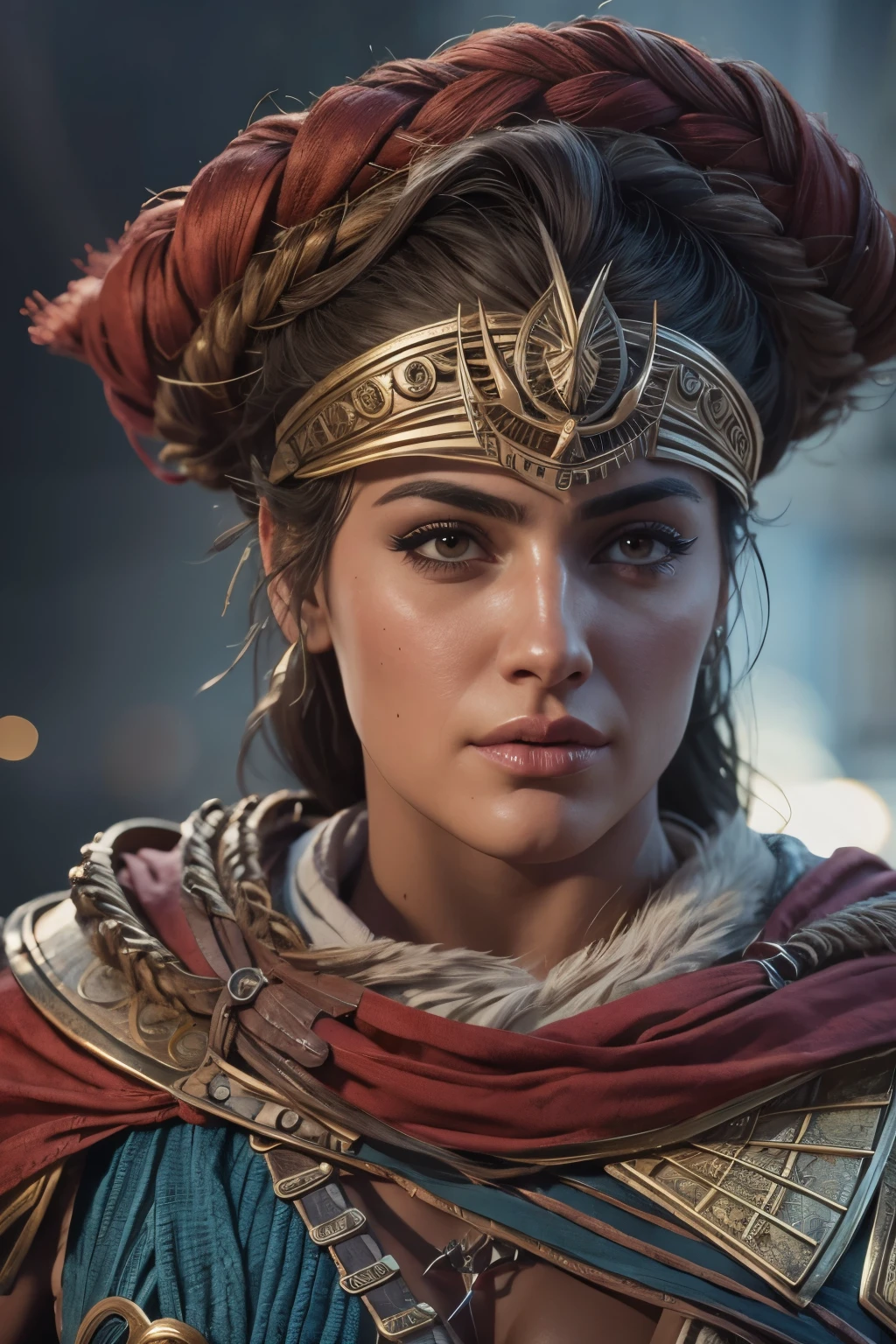 extremely detailed Kassandra Assassin's Creed Universe,Detailed Lips, Detailed Eyes, detailed eyelashes, detailed face, textured skin, super detail lighting, mid body shot, 