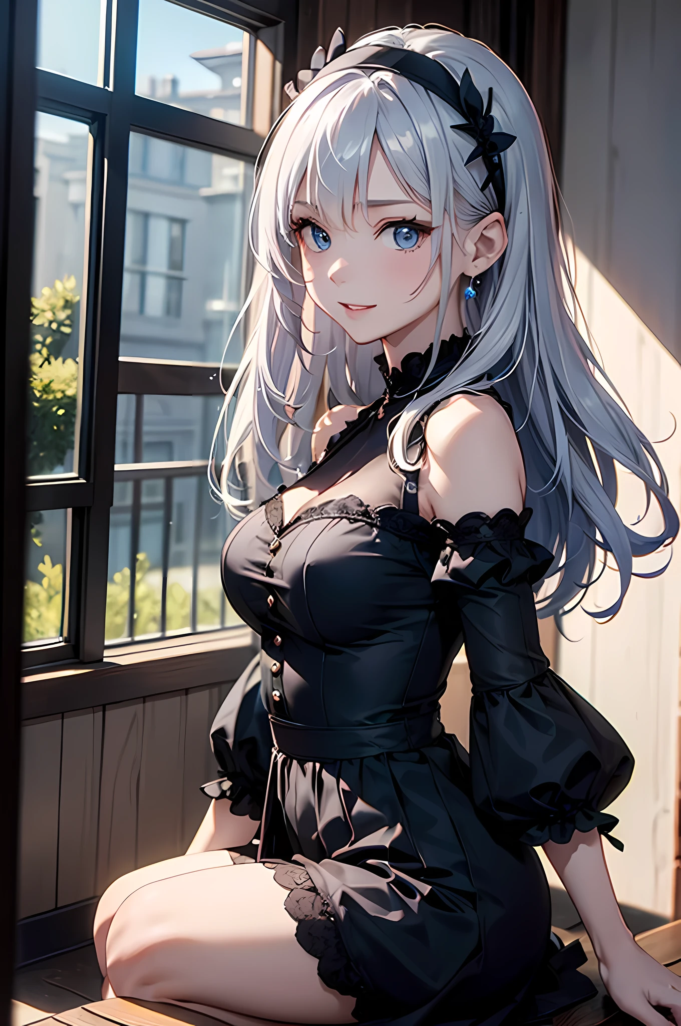 (best masterpiece, highest quality, highest quality,official art),(mature woman:1.3),(attractive woman made),((masterpiece, highest quality))、8K、one woman、（(30 years old)）、((silver hair))、long hair、messy hair、attractive woman、blue eyes、Big eyes、sparkling eyes、Beautifully drawn eyes、smile、small bust、Black Gothic Maid、((white headband))、(look back)、(Knee to head:1.3)、Entrance of a luxurious house、aerial perspective、pure、transparent、Light、Light、Light、