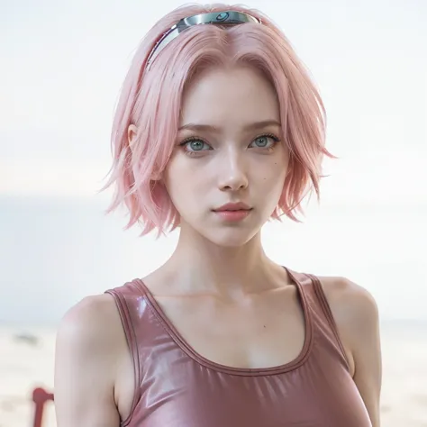 young woman, short shoulder-length pink hair, wide forehead, porcelain skin, pink eyebrows, big emerald green eyes, buttoned nos...