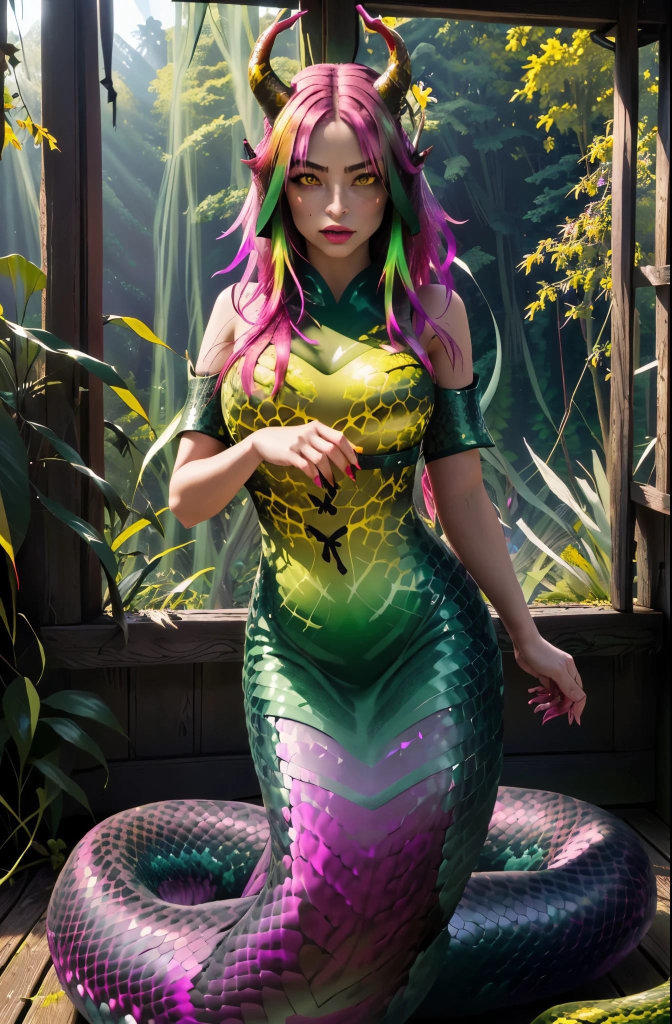 detailed snake skin, (adult), just concentrate, (lamia), stoic, beautiful monster girl, red horns, wide hips, beautiful eyes, beautiful background, abandoned cabin, the forest, light particles, Sun rays, dramatic lighting, outside, grass, leaves, бthe forestтящий (yellow, Fuchsia, green gradient:1.5), realistic, masterpiece, Best quality, ultra-detailed, detailed, landscape, beautiful detailed eyes, detailed hair, surrealism, Hipperrealism, hd, cinematic, movie quality rendering 