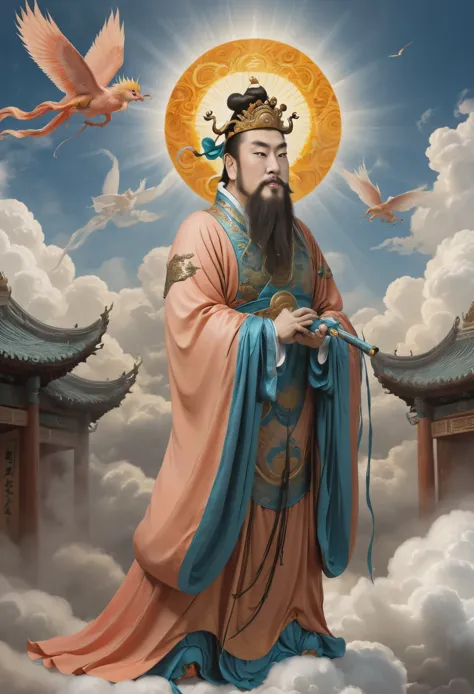 yongle_style ,Sun Wukong ,peach，yongle style,1man,A deity steps on clouds and flies,