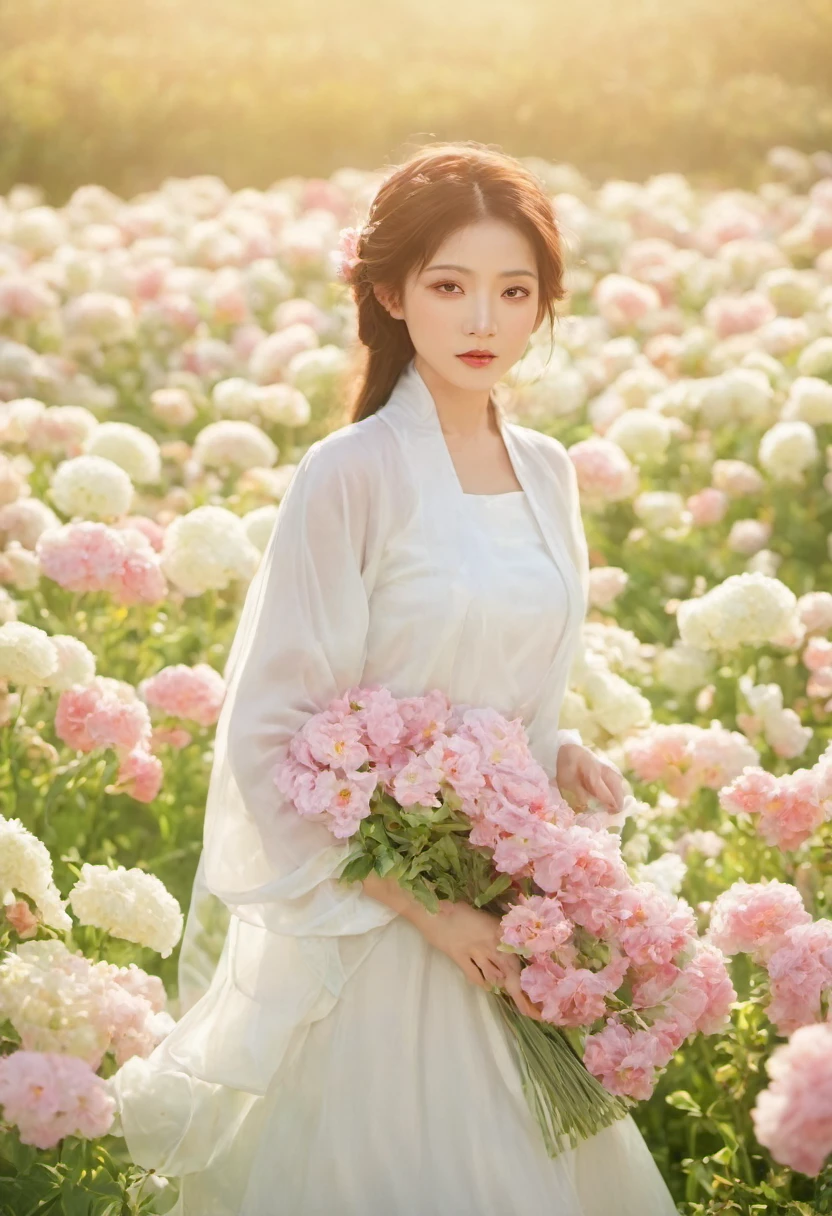 une belle fille en aodai blanc , chef-d&#39;œuvre, Meilleure qualité, Réaliste:1.3,in a field of fleurs, holding bundle of fleurs, lumière du soleil, rétroéclairage, Profondeur émotionnelle, fleurs, champs de fleurs, floraison, ultra détaillé, grain de film,Lumière et ombre brumeuses, esthétisme, film mélancolique