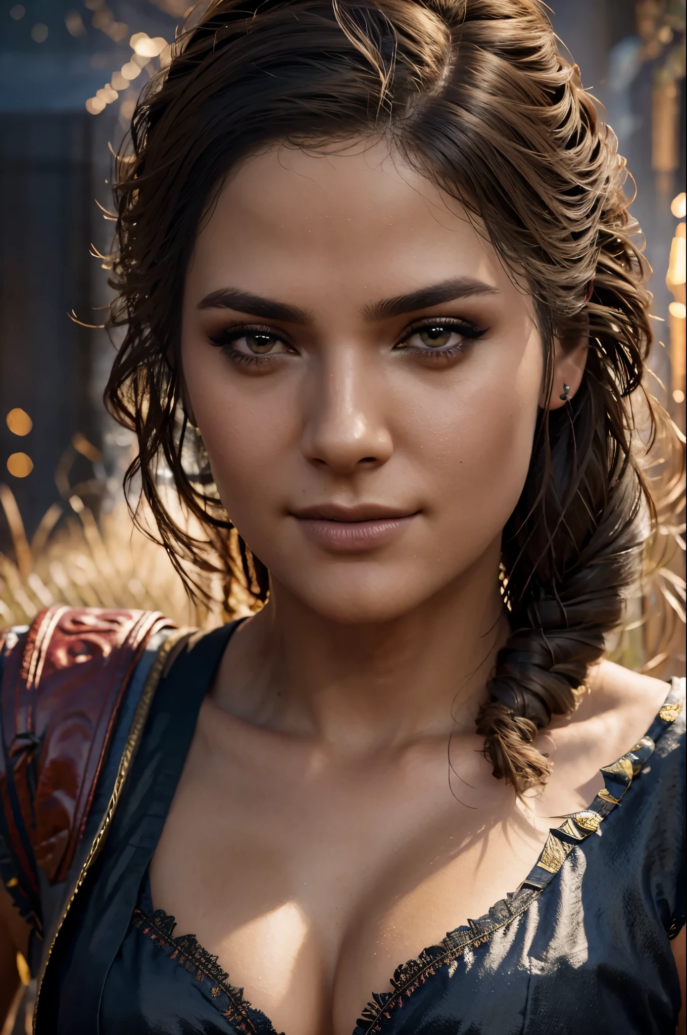 (best quality,ultra-detailed,realistic:1.37),(HDR,UHD,studio lighting),(portraits),(vivid colors),(warm color tones),(soft,moody lighting),(sharp focus),(bokeh),Kassandra,Assassin's Creed Universe,Kassandra's stunning face,Kassandra's piercing eyes,Kassandra's alluring gaze,Kassandra's seductive lips,Kassandra's flowing hair,Kassandra's confident and provocative smile,mysterious atmosphere,dark and gritty background,tattoos on Kassandra's body,ornate assassin gear,fierce and powerful stance,sparkling jewelry,dramatic lighting to accentuate facial features,subtle makeup,subtle hints of smoke or mist,nighttime setting,embers glowing in the background,subtle moonlight bathing the scene