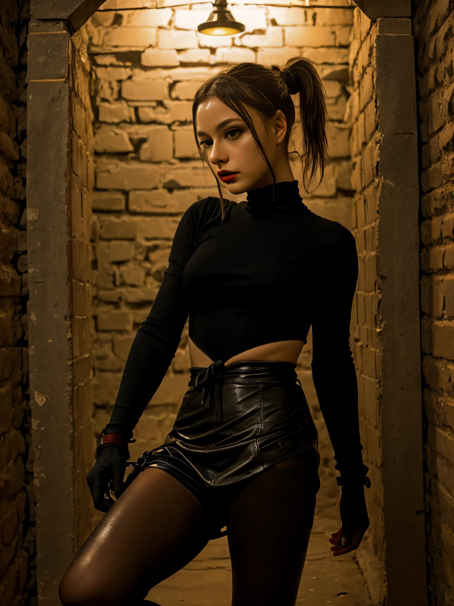 sexy adventure girl captured, in captivity, tied up, handcuffed, makeup, lipstick, bdsm, leather bodysuit, full body picture, inside dungeon cell background, ponytail