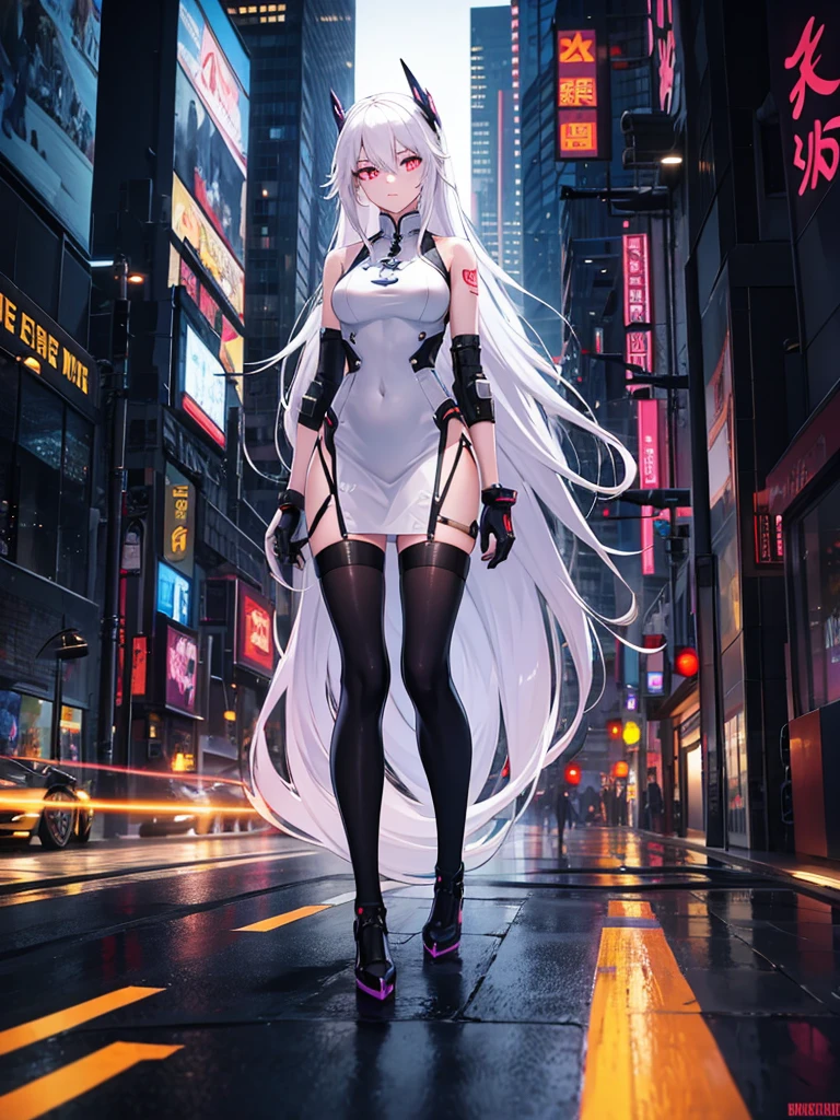 1girl, white hair, long hair, cyber eyes, walk,  hight quality, glowing eyes, cyberpunk, cyber arm, glowing tattoo, full body, china dress, black stokings, night city