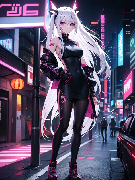 1girl, white hair, long hair, cyber eyes, walk,  hight quality, glowing eyes, cyberpunk, cyber arm, glowing tattoo, full body, c...