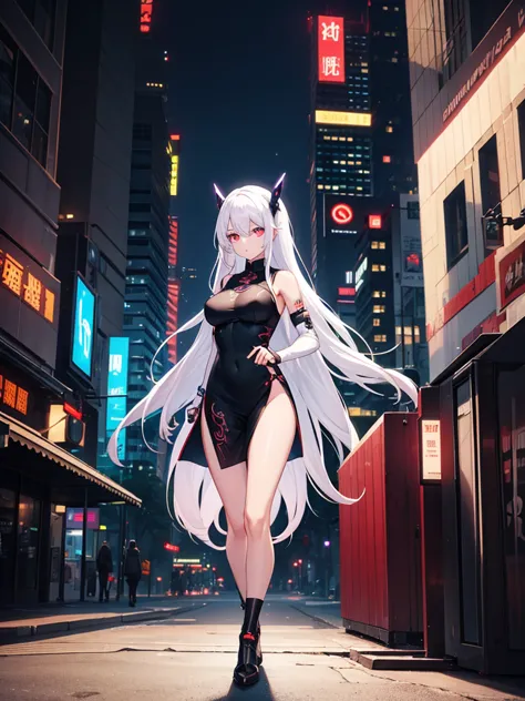 1girl, white hair, long hair, cyber eyes, walk,  hight quality, glowing eyes, cyberpunk, cyber arm, glowing tattoo, full body, c...