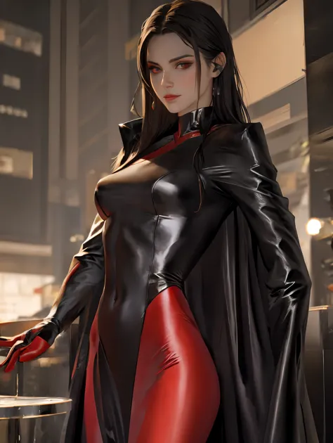 (photorealistic:1.3),(hyperrealistic:1.3), masterpiece, highly detailed, best quality, (beautiful and clear background:1.2), detailed background, beautiful (female:1.4) vamptech cyborg robot wearing (black red robe:1.4) (black red cape:1.2), Seraphim wings...