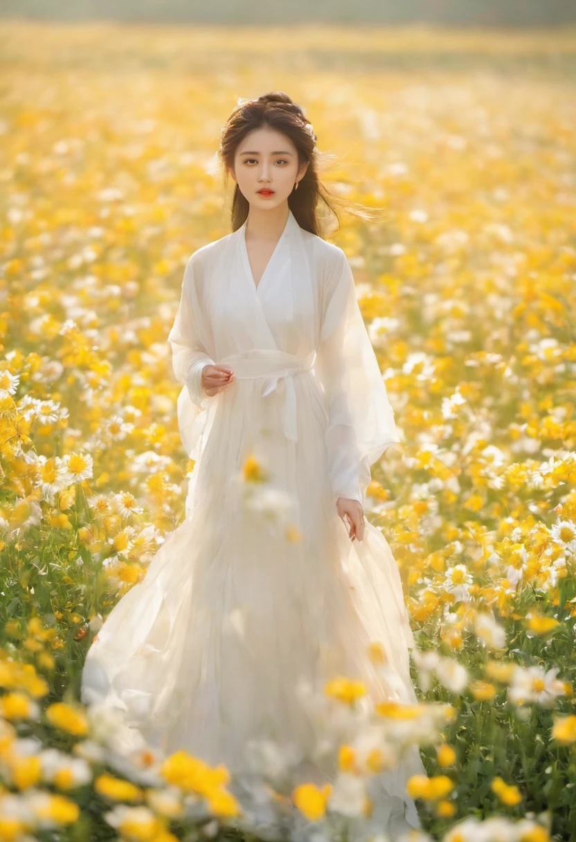 a beautiful girl in white aodai , masterpiece, best quality, realistic:1.3,in a field of flowers, holding bundle of flowers, sunlight, backlighting, emotional depth, flowers, flower fields, bloom, ultra detailed, film grain,hazy light and shadow, aestheticism, melancholic film