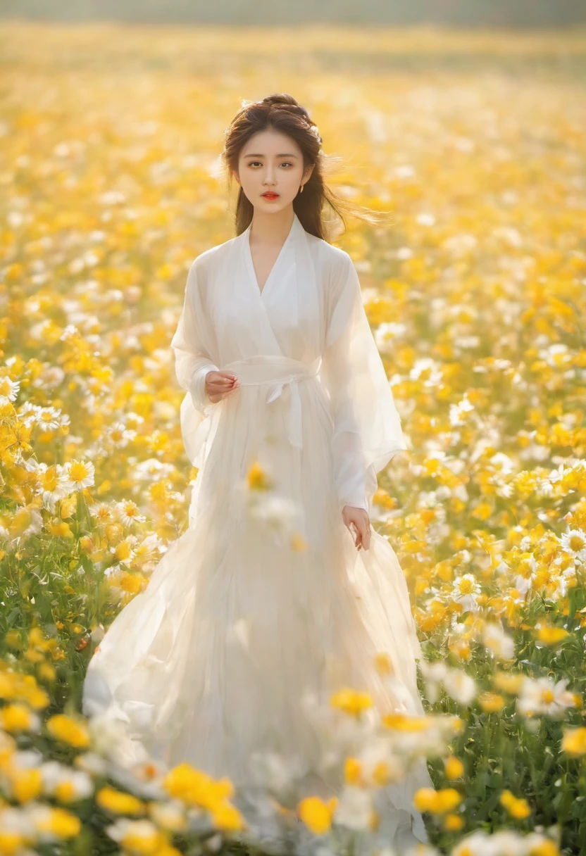 une belle fille en aodai blanc , chef-d&#39;œuvre, meilleure qualité, réaliste:1.3,in a field of fleurs, holding bundle of fleurs, lumière du soleil, rétroéclairage, profondeur émotionnelle, fleurs, champs de fleurs, floraison, ultra détaillé, grain de film,Lumière et ombre brumeuses, esthétisme, film mélancolique