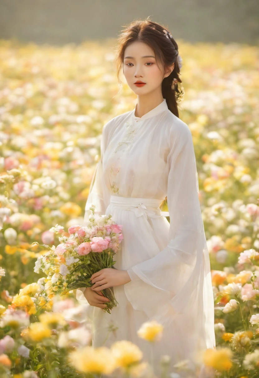 Una hermosa chica en aodai blanco , obra maestra, mejor calidad, Realista:1.3,in a field of flores, holding bundle of flores, luz de sol, contraluz, Profundidad emocional, flores, campos de flores, floración, ultra detallado, grano de la película,luz y sombra brumosas, esteticismo, melancholic film