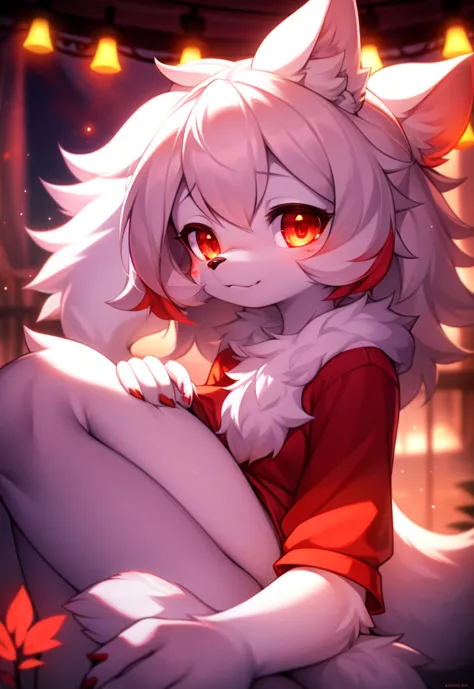 furry, white fur, ultra cute face, red elements on fur, glowing t-shrt, beautiful lights and shadows, ambient light, ultra detai...