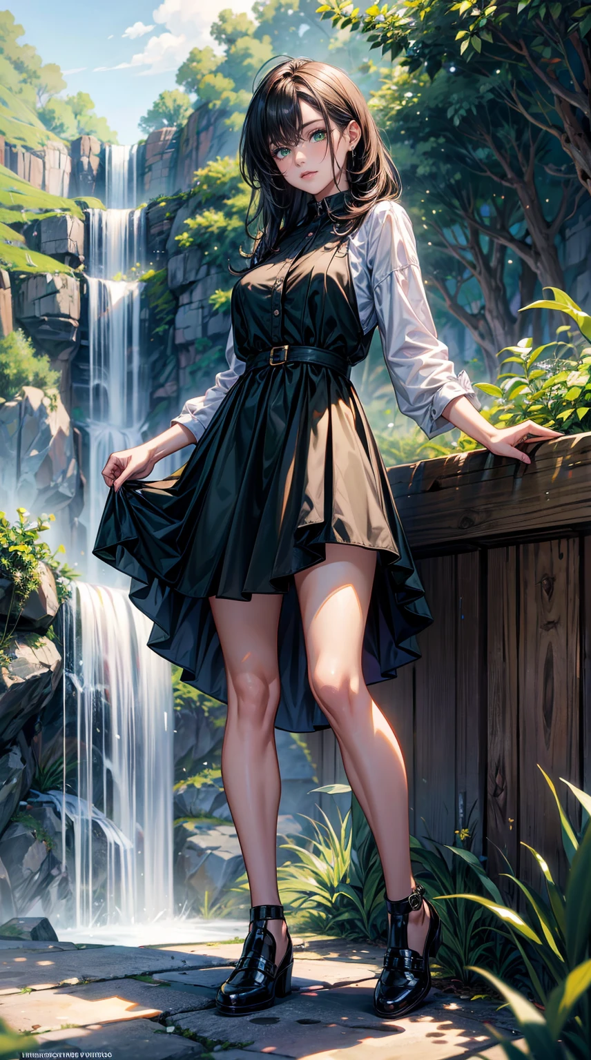 (masterpiece, Best quality, A high resolution, ultra detailed),(beautiful and aesthetically pleasing:1.2), 1 woman, adult, perfect body, wavy black hair, ((green eyes)), detailed eyes and face, full_body, stylish casual wear, stylish comfortable shoes, loose styled, Outdoors, Waterfall