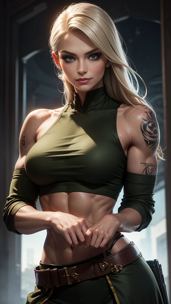 A gorgeous and stunning female soldier fighting on the battlefield, smirking sadistically, smiling sadistically, high rank, dominant, challenging demeanor, smug, teasing, tall, statuesque, imposing, towering, biceps, triceps, eight pack abs, extremely defined abs, tank top, wide shoulders, narrow hips, narrow waist, huge breasts, slim, slender, toned, long eyelashes, make up, perfect eyes, eyeliner, perfect lips, long fingers, delicate fingers, long nails, supermodel, tattoo on shoulder, (military uniform), tanned skin, official uniform, colonel, marshal, lieutenant,