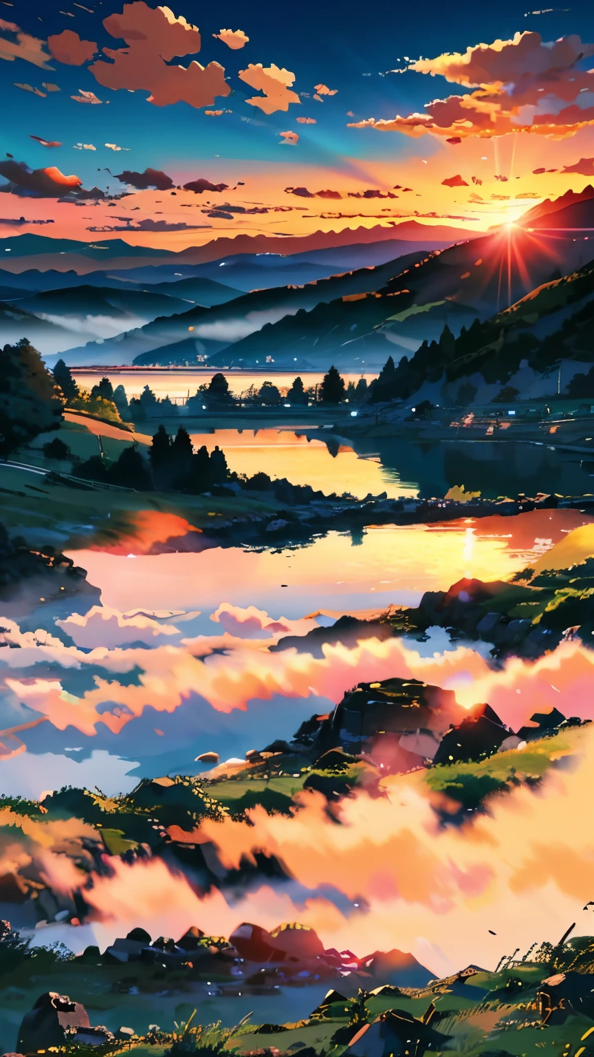 paisagem, estilo anime, interior, com montanhas e nuvens ao fundo, ultra hd, nascer do sol