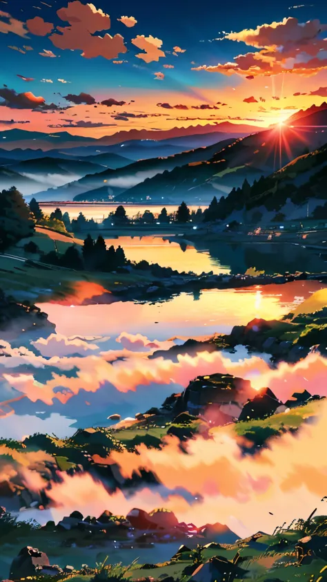landscape, anime style, countryside, with mountains and clouds in the background, ultra hd, sunrise