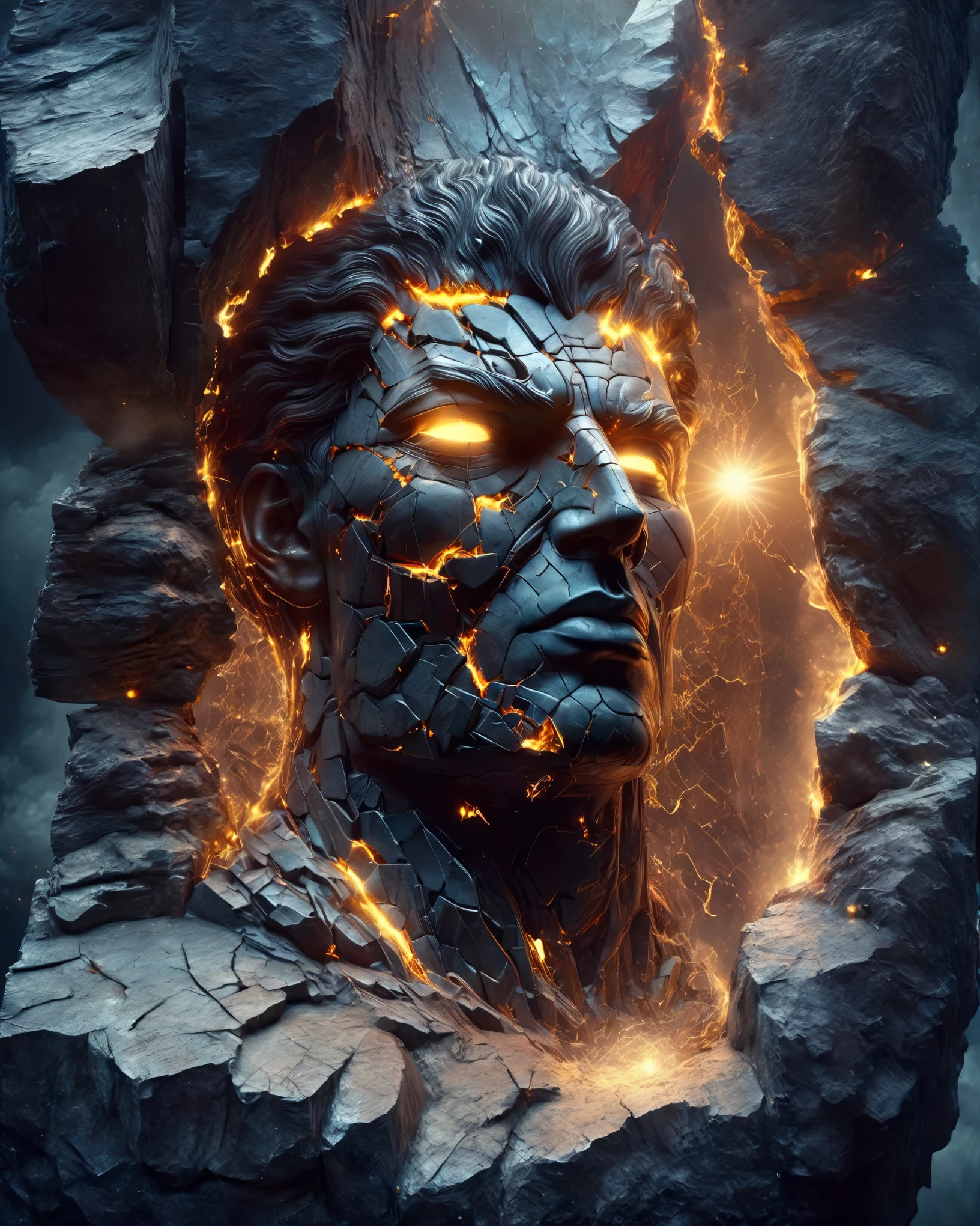 in style of Caras Ionut, beautiful details，A giant statue face of a man，Close-up of a cracked stone statue portrait， Art style of Philip Hodaatte of the human soul, realism ，BDO works by American digital artist Stuart Lippincott，Use advanced tones and shading，Creates a dazzling and mysterious light，The deep spatial pattern and mysterious atmosphere,Create a sci-fi mechanical god realm,Highlighting the insignificance of human beings，and fear of the unknown，minimalist art，fantasy，Surrealism，Handsome man&#39;s face