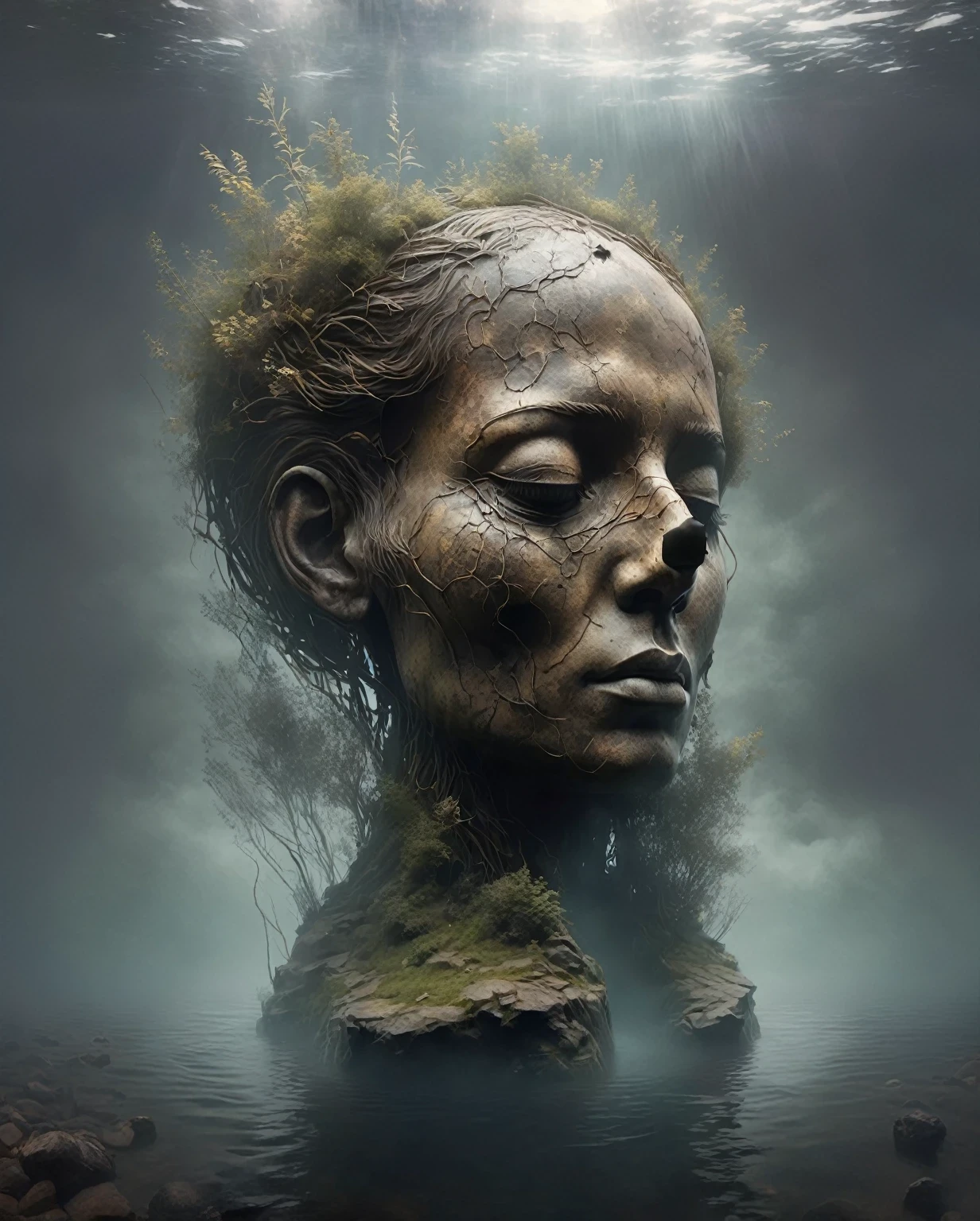 In a desolate landscape, a Big Dumb Object, a giant sculptural head, lies submerged in water. The scene is enveloped in thick fog, adding a sense of mystery and isolation. The object itself appears worn and dilapidated, with cracks and signs of decay. Surrounding the sculpture, there are dried and withered branches that create a stark contrast against the misty backdrop. The image quality is of the highest caliber, with a resolution of 4k or 8k, capturing every intricate detail and texture. The realism of the artwork is emphasized, showcasing the fine craftsmanship and lifelike portrayal. The lighting is carefully orchestrated, casting shadows and creating dramatic highlights, enhancing the overall atmosphere. Dark and muted tones dominate the color palette, with subtle hints of desaturated and earthy hues. The prompt is complete and ready for Stable Diffusion.