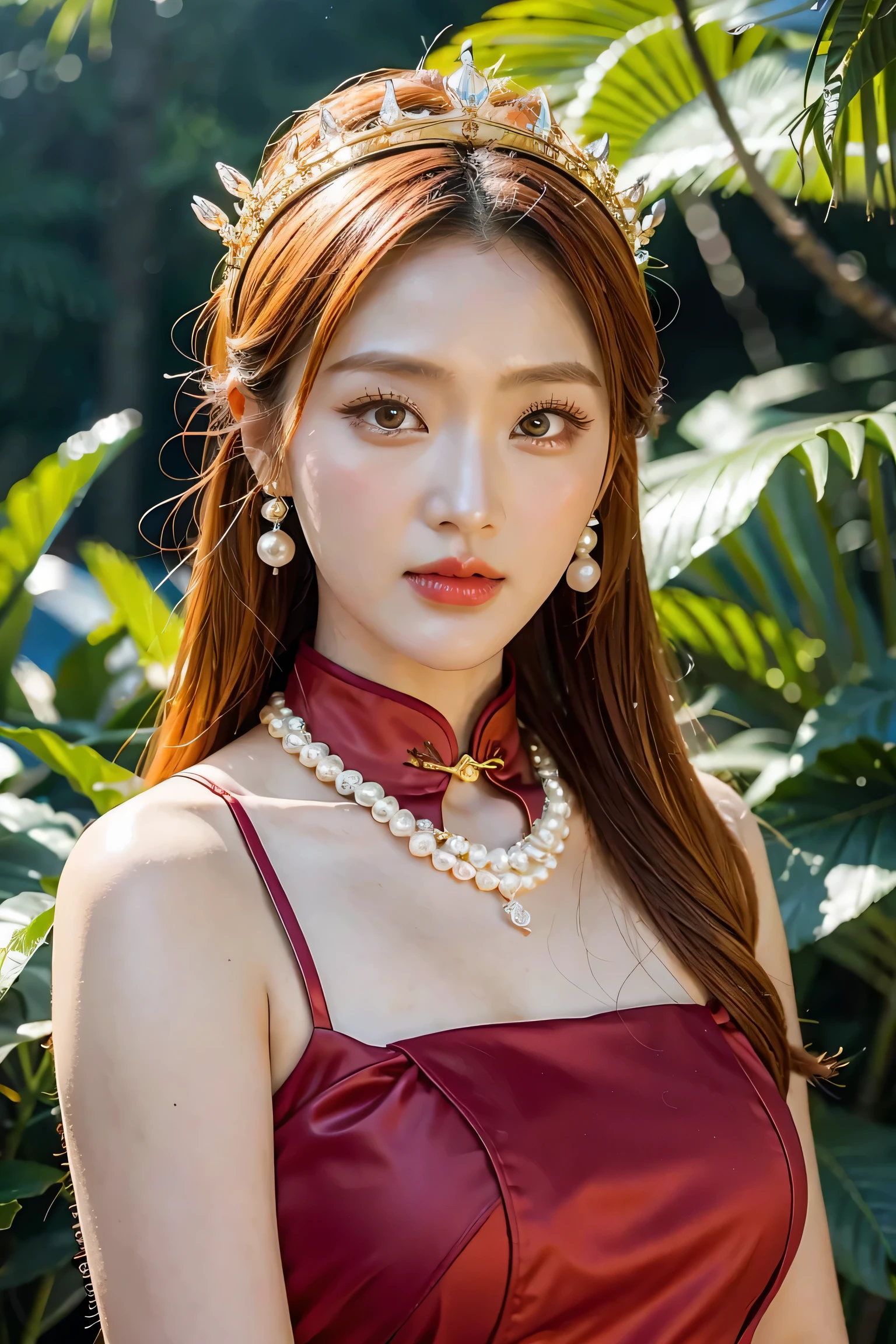 There was a woman in a cheongsam., 2 7 years, 2 8 years, Age 2 9 years, 3 2 years old, delicate makeup, Ye Wen, 2 3 years old, round face, Cute Lian, golden crown, pearl necklace, jade hair clip