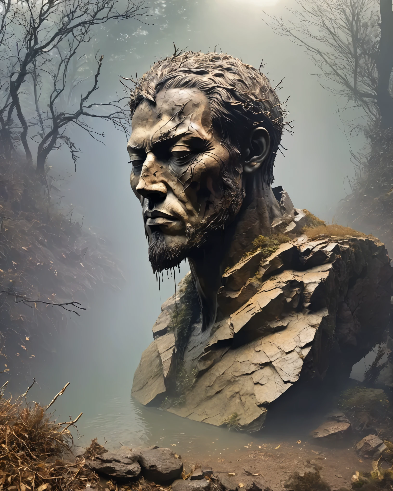 in a desolate landscape，A huge, handsome sculptured head immersed in water。The scene is shrouded in thick fog，Adds a sense of mystery and loneliness。The object itself appears dilapidated，There are cracks and signs of decay。the sculpture is surrounded by dry branches，In sharp contrast to the hazy background。Image quality reaches the highest level，Resolution is 4k or 8k，Capturing every intricate detail and texture。The realism of the artwork is emphasized，Demonstrating exquisite craftsmanship and lifelike characterization。Lighting is carefully planned，Cast shadows and create dramatic highlights，Enhances the overall atmosphere。Dark and soft tones are the main colors of the work.，Also adding some subtle desaturated tones and earthy tones。Tip Completed，Stable diffusion is possible。