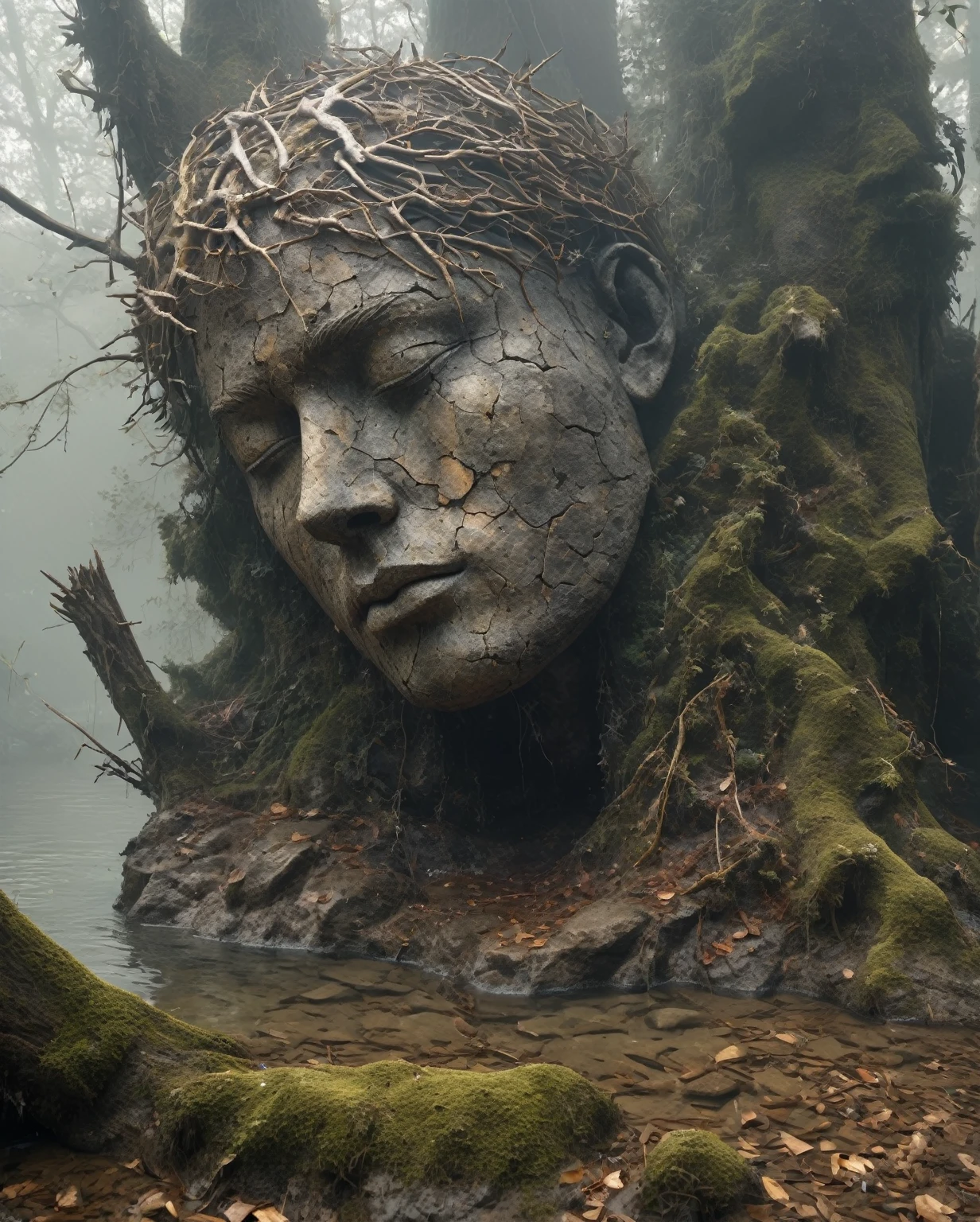 in a desolate landscape，(Close-up of a huge handsome sculpture head lying in the water）。The scene is shrouded in thick fog，Adds a sense of mystery and loneliness。The object itself appears dilapidated，There are cracks and signs of decay。the sculpture is surrounded by dry branches，In sharp contrast to the hazy background。Image quality reaches the highest level，Resolution is 4k or 8k，Capturing every intricate detail and texture。The realism of the artwork is emphasized，Demonstrating exquisite craftsmanship and lifelike characterization。Lighting is carefully planned，Cast shadows and create dramatic highlights，Enhances the overall atmosphere。Dark and soft tones are the main colors of the work.，Also adding some subtle desaturated tones and earthy tones。Tip Completed，Stable diffusion is possible。