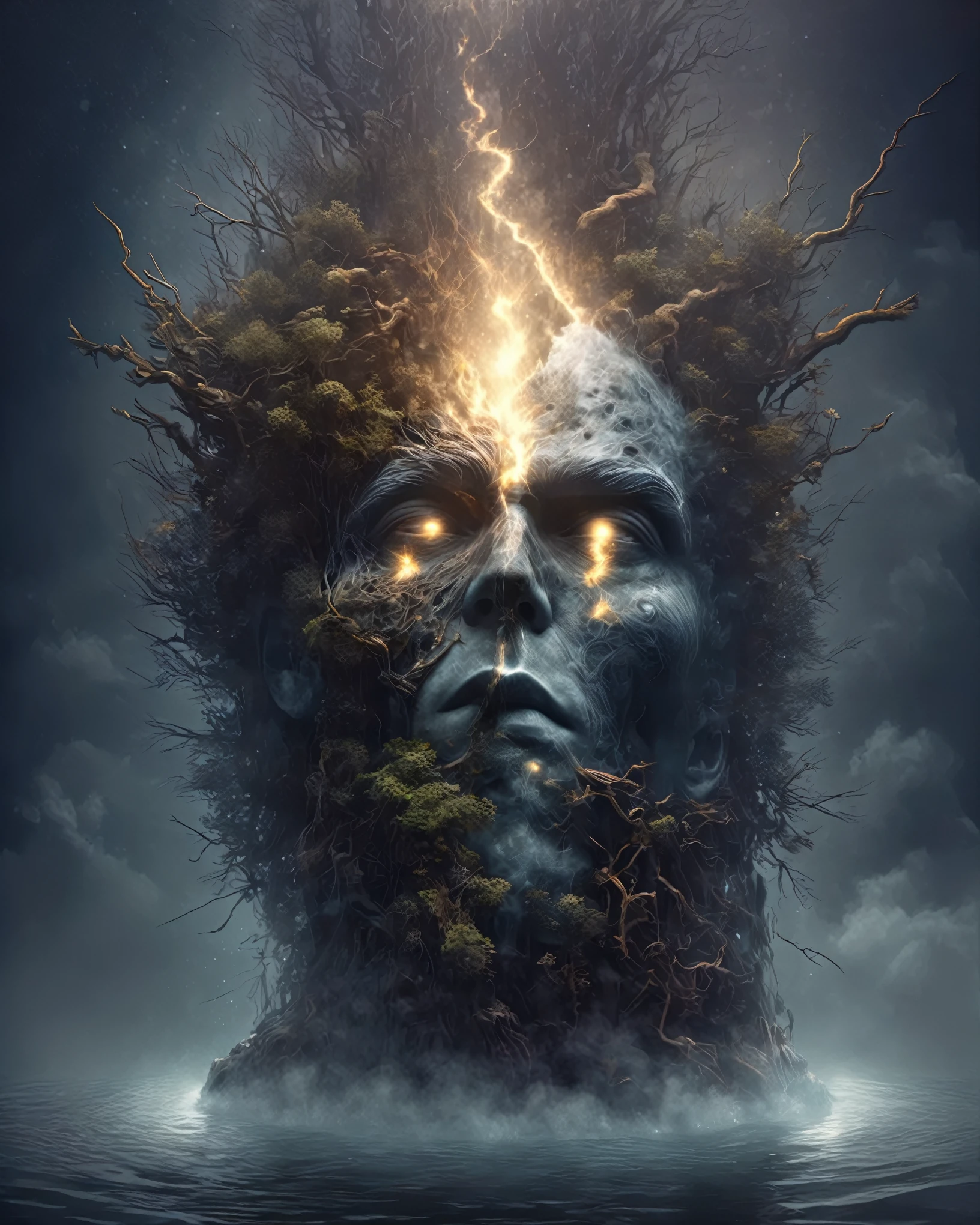 in style of conté artwork, portrait, beautiful detailed，Portrait of a huge head sculpture falling in water，Great Wilderness，Dense fog，old，Dead branches，Art style of Philip Hodaatte of the human soul, realism ，BDO works by American digital artist Stuart Lippincott，Use advanced tones and shading，Creates a dazzling and mysterious light，The deep spatial pattern and mysterious atmosphere,Create a sci-fi mechanical god realm,Highlighting the insignificance of human beings，and fear of the unknown，minimalist art，fantasy，Surrealism，Handsome man&#39;s face