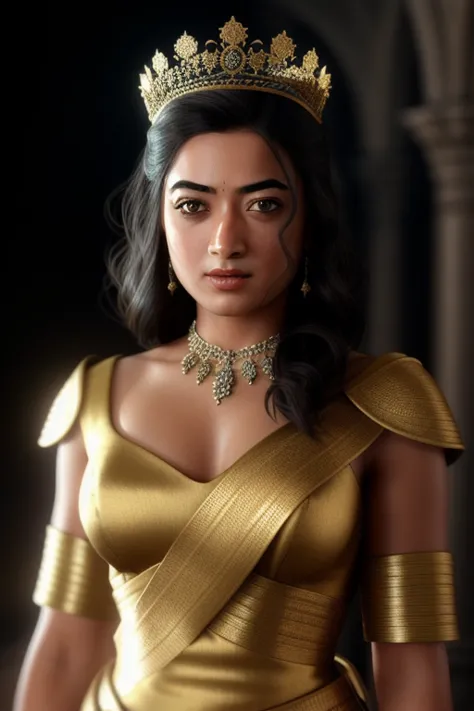 rashmika  as a medieval princess stganding in front of a castle, princess robe, crown, masterpiece, best quality, highest qualit...