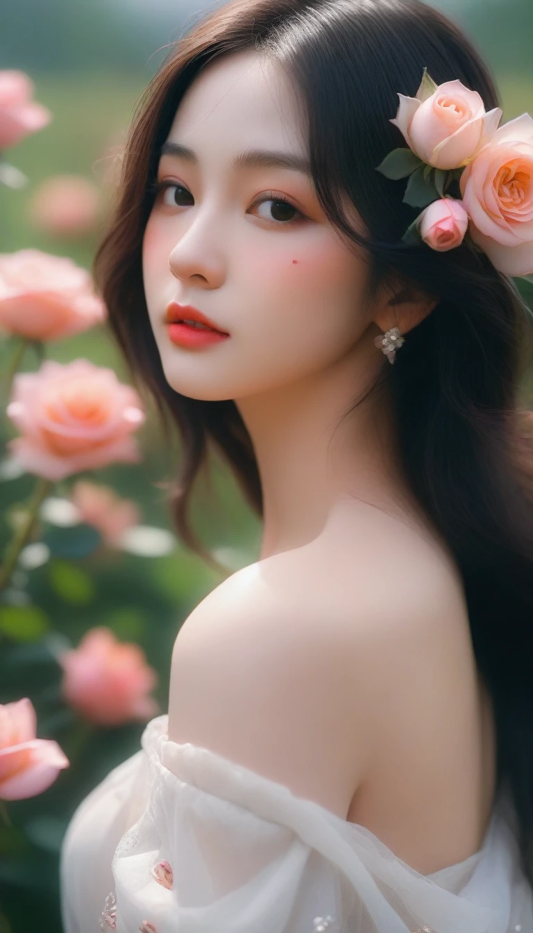 a close up of a woman holding a rose in a field of flowers, guweiz, beautiful digital artwork, artwork in the style of guweiz, beautiful digital illustration, by Chen Lin, in the art style of bowater, by Yang J, 🌺 cgsociety, a beautiful artwork illustration, beautiful digital painting, realistic. cheng yi, beautiful character painting