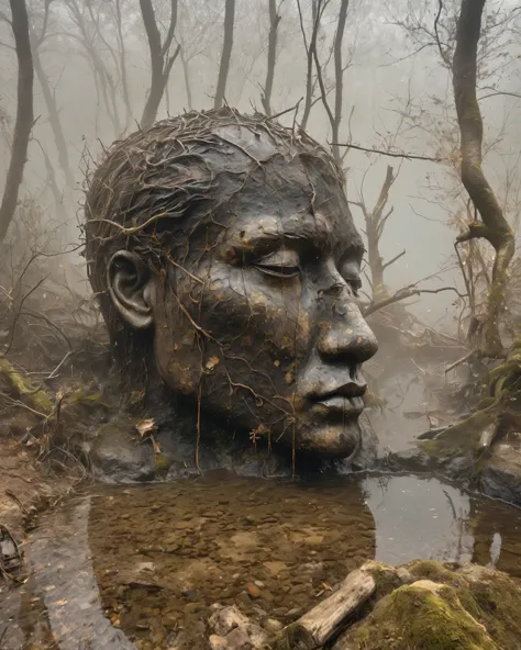 in a desolate landscape，(Close-up of a huge handsome sculpture head lying in the water）。The scene is shrouded in thick fog，Adds ...