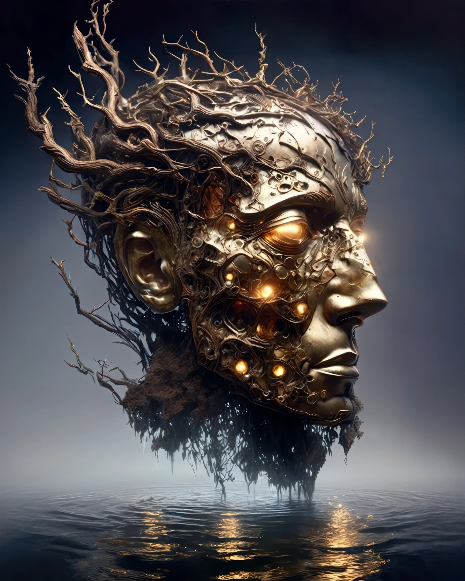 in style of conté artwork, portrait, beautiful detailed，Portrait of a huge head sculpture falling in water，Great Wilderness，Dense fog，old，Dead branches，Art style of Philip Hodaatte of the human soul, realism ，BDO works by American digital artist Stuart Lippincott，Use advanced tones and shading，Creates a dazzling and mysterious light，The deep spatial pattern and mysterious atmosphere,Create a sci-fi mechanical god realm,Highlighting the insignificance of human beings，and fear of the unknown，minimalist art，fantasy，Surrealism，Handsome man&#39;s face