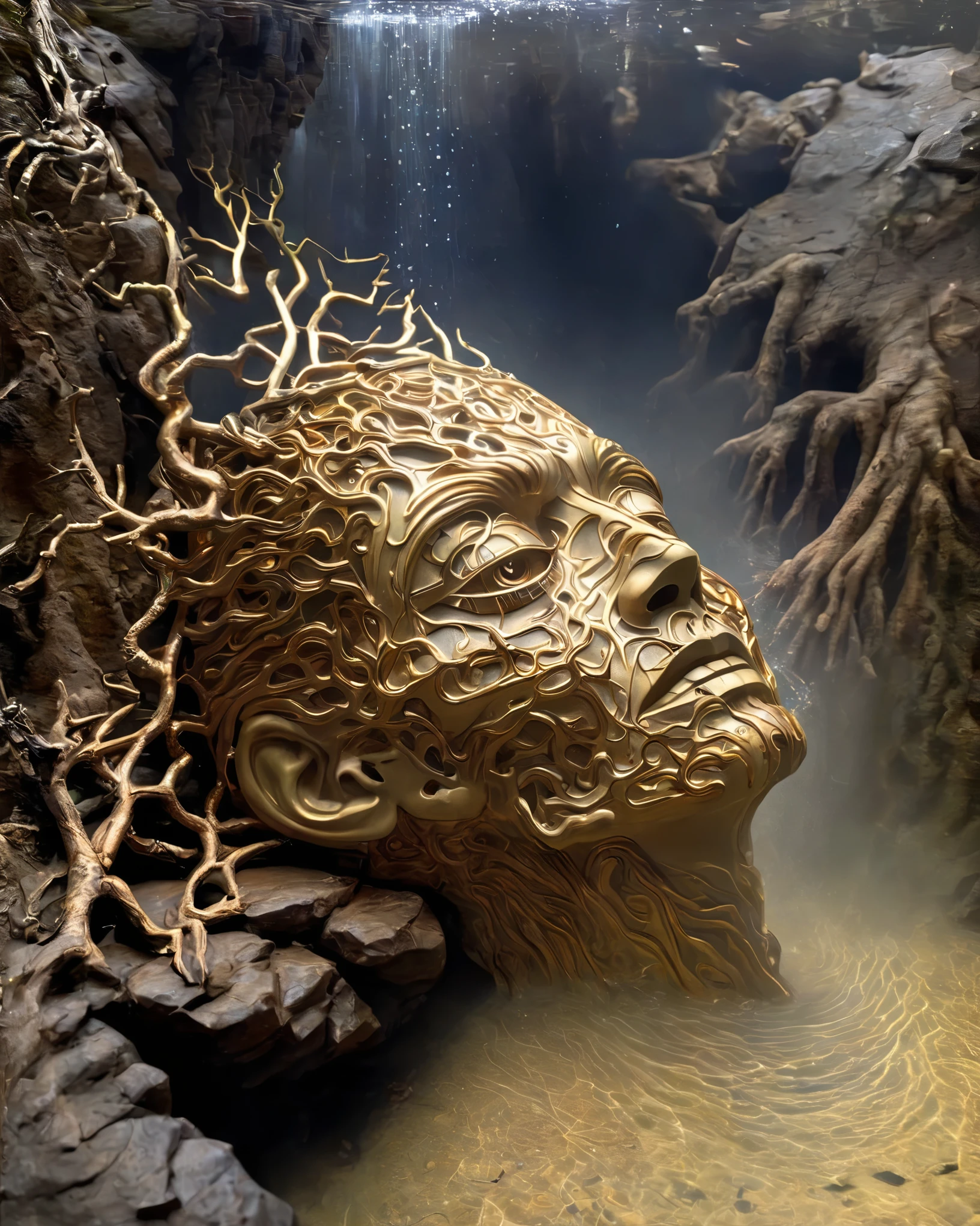 (Angle de recherche），Gros objet stupide，Portrait d&#39;une énorme sculpture de tête tombant dans l&#39;eau，Grande nature sauvage，dents denses，vieux，Branches mortes，Style artistique de Philip Hodas，Mat de l&#39;âme humaine, le réalisme ，Œuvres BDO de l&#39;artiste numérique américain Stuart Lippincott，Utiliser des tons et des ombres avancés，Crée une lumière éblouissante et mystérieuse，Le motif spatial profond et l&#39;atmosphère mystérieuse,Créez un royaume divin mécanique de science-fiction,Mettre en lumière l&#39;insignifiance de l&#39;être humain，et la peur de l&#39;inconnu，Art minimaliste，fantaisie，Surle réalisme，Bel homme&#39;le visage