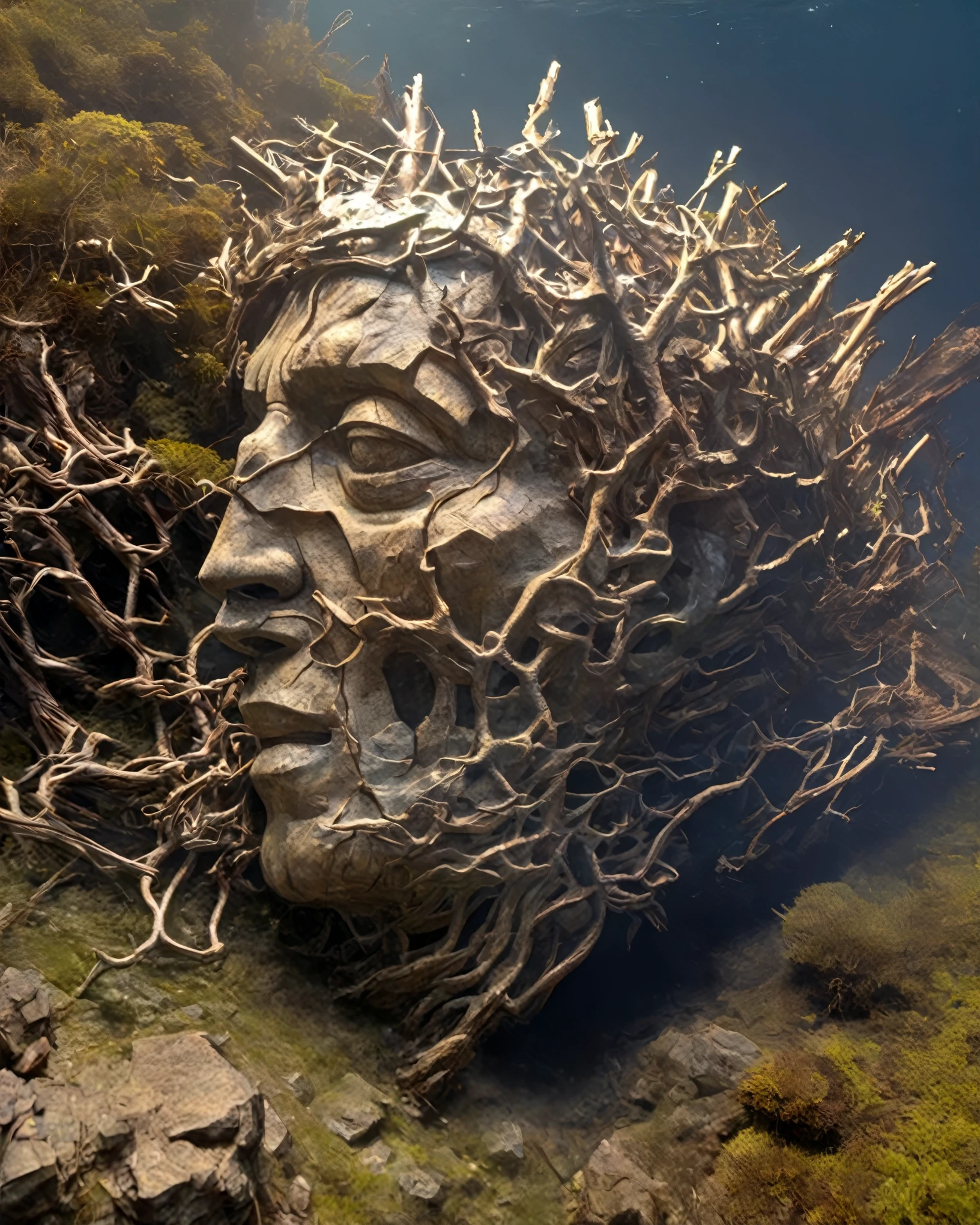 (Angle de recherche），Gros objet stupide，（Portrait d&#39;une énorme sculpture de tête d&#39;homme bel effondrée dans l&#39;eau：1.3），Grande nature sauvage，dents denses，vieux，Branches mortes，Style artistique de Philip Hodas，Mat de l&#39;âme humaine, le réalisme ，Œuvres BDO de l&#39;artiste numérique américain Stuart Lippincott，Utiliser des tons et des ombres avancés，Crée une lumière éblouissante et mystérieuse，Le motif spatial profond et l&#39;atmosphère mystérieuse,Créez un royaume divin mécanique de science-fiction,Mettre en lumière l&#39;insignifiance de l&#39;être humain，et la peur de l&#39;inconnu，Art minimaliste，fantaisie，Surle réalisme，