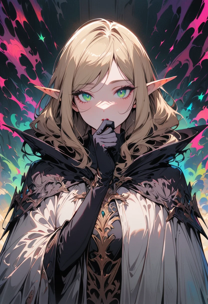 masterpiece, best quality, 1 female, alone, medium blonde, Vibrant green eyes, looking at the audience, cape, High quality metal texture, coat, Keep your mouth shut, Bangs, Boss, fantasy aesthetics, Very detailed, shadow poetry style, Executor Outfit, elf ears, fixed hand