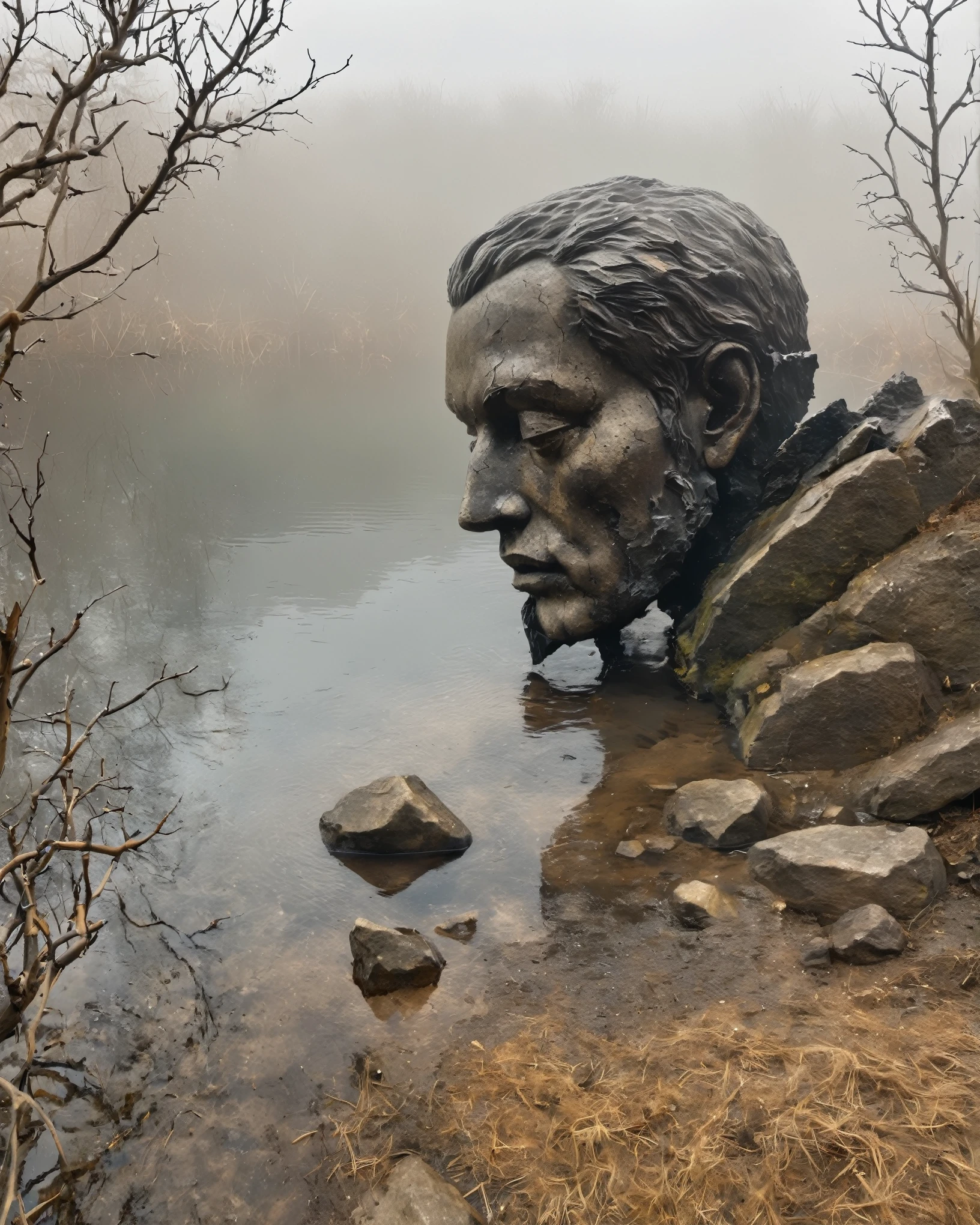 in einer öden Landschaft，(Nahaufnahme eines supergroßen, wunderschöne Skulptur Kopf fällt ins Wasser），Ein kleiner Mann stand da und beobachtete aus der Ferne，bilden einen scharfen Kontrast，Die Szene ist in dichten Nebel gehüllt，Fügt ein Gefühl von Geheimnis und Einsamkeit hinzu。Das Objekt selbst erscheint baufällig，Es gibt Risse und Anzeichen von Verfall。Die Skulptur ist von trockenen Zweigen umgeben，In scharfem Kontrast zum dunstigen Hintergrund。Bildqualität erreicht das höchste Niveau，Die Auflösung beträgt 8K，Erfassen jedes noch so kleine Detail und jede Textur。Der Realismus des Kunstwerkes wird betont，Zeigt exquisite Handwerkskunst und lebensechte Charakterisierung。Die Beleuchtung ist sorgfältig geplant，Werfen Sie Schatten und erzeugen Sie dramatische Highlights，Verbessert die Gesamtatmosphäre。Dunkle und sanfte Töne sind die Hauptfarben des Werkes.，Außerdem werden einige subtile entsättigte Töne und Erdtöne hinzugefügt。