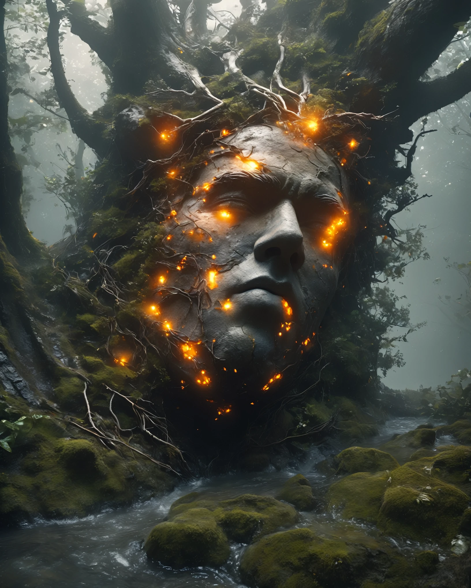 from above, bokeh, UHD, masterpiece, high details, high quality, award winning, best quality, highres, 16k，
(Looking up angle），Big Dumb Object，（Portrait of huge handsome man head sculpture collapsed in water：1.3），Great Wilderness，Dense fog，old，Dead branches，Art style of Philip Hodas，Matte of the human soul, realism ，BDO works by American digital artist Stuart Lippincott，Use advanced tones and shading，Creates a dazzling and mysterious light，The deep spatial pattern and mysterious atmosphere,Create a sci-fi mechanical god realm,Highlighting the insignificance of human beings，and fear of the unknown，minimalist art，fantasy，Surrealism，Black and orange background，