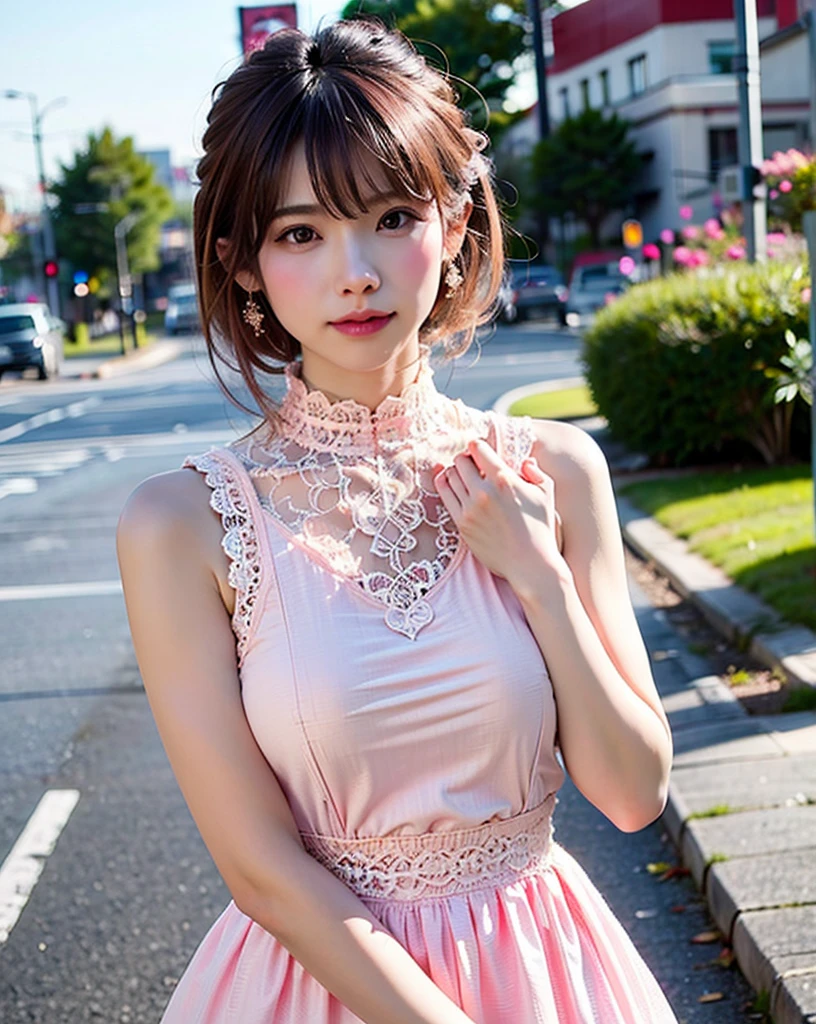 a woman posing on the street corner with pink dress on, best quality, high res, 8k, 1girl, (huge breasts), day, bright, outdoor, (street:0.8), (people, crowds:1), (lace-trimmed dress:1.5, pink clothes:1.5, pink high-neck dress:1.5, sleeveless dress, pink dress: 1.5), gorgeous, (medium hair), beautiful detailed sky, beautiful earrings, (dynamic pose:0.8), (upper body:1.2), soft lighting, wind, shiny skin, looking at viewer,  