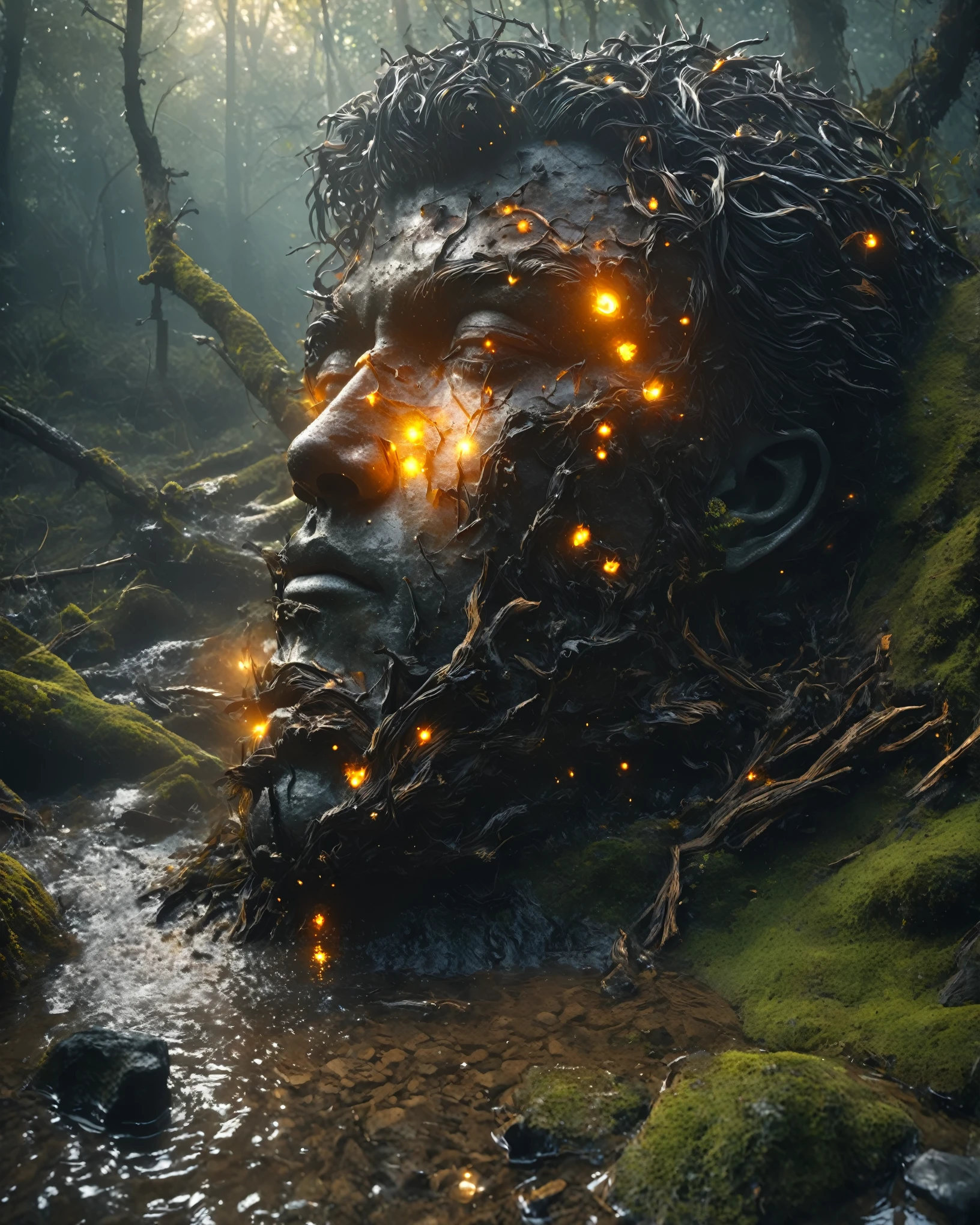 from above, bokeh, UHD, masterpiece, high details, high quality, award winning, best quality, highres, 16k，
(Looking up angle），Big Dumb Object，（Portrait of huge handsome man head sculpture collapsed in water：1.3），Great Wilderness，Dense fog，old，Dead branches，Art style of Philip Hodaatte of the human soul, realism ，BDO works by American digital artist Stuart Lippincott，Use advanced tones and shading，Creates a dazzling and mysterious light，The deep spatial pattern and mysterious atmosphere,Create a sci-fi mechanical god realm,Highlighting the insignificance of human beings，and fear of the unknown，minimalist art，fantasy，Surrealism，Black and orange background，