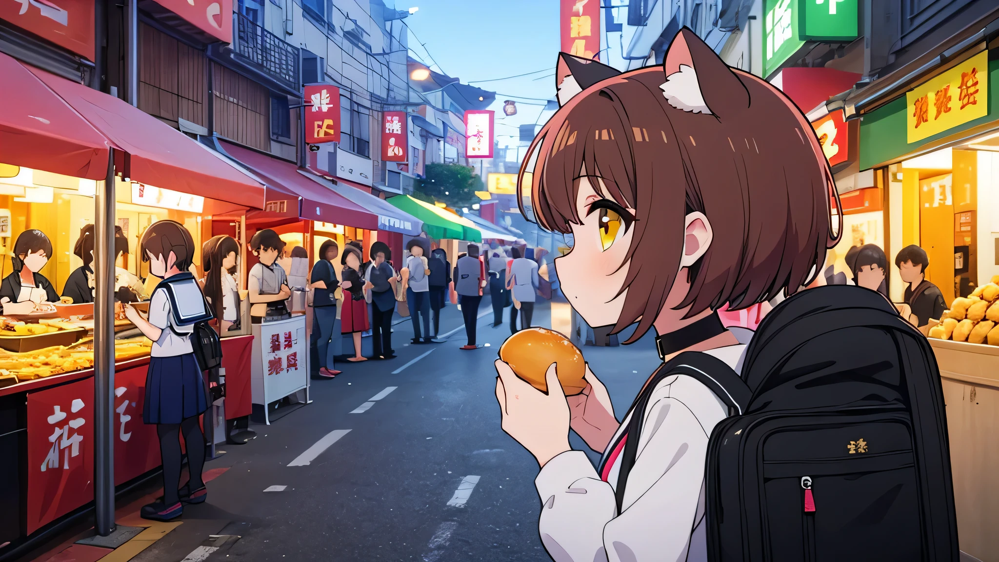 best quality,masterpiece,1girl,brown hair ,short hair,cat ear ,pink choker,black sailor suit ,full body,yellow eyes,
looking street food ,night market in taiwan,shoot from side