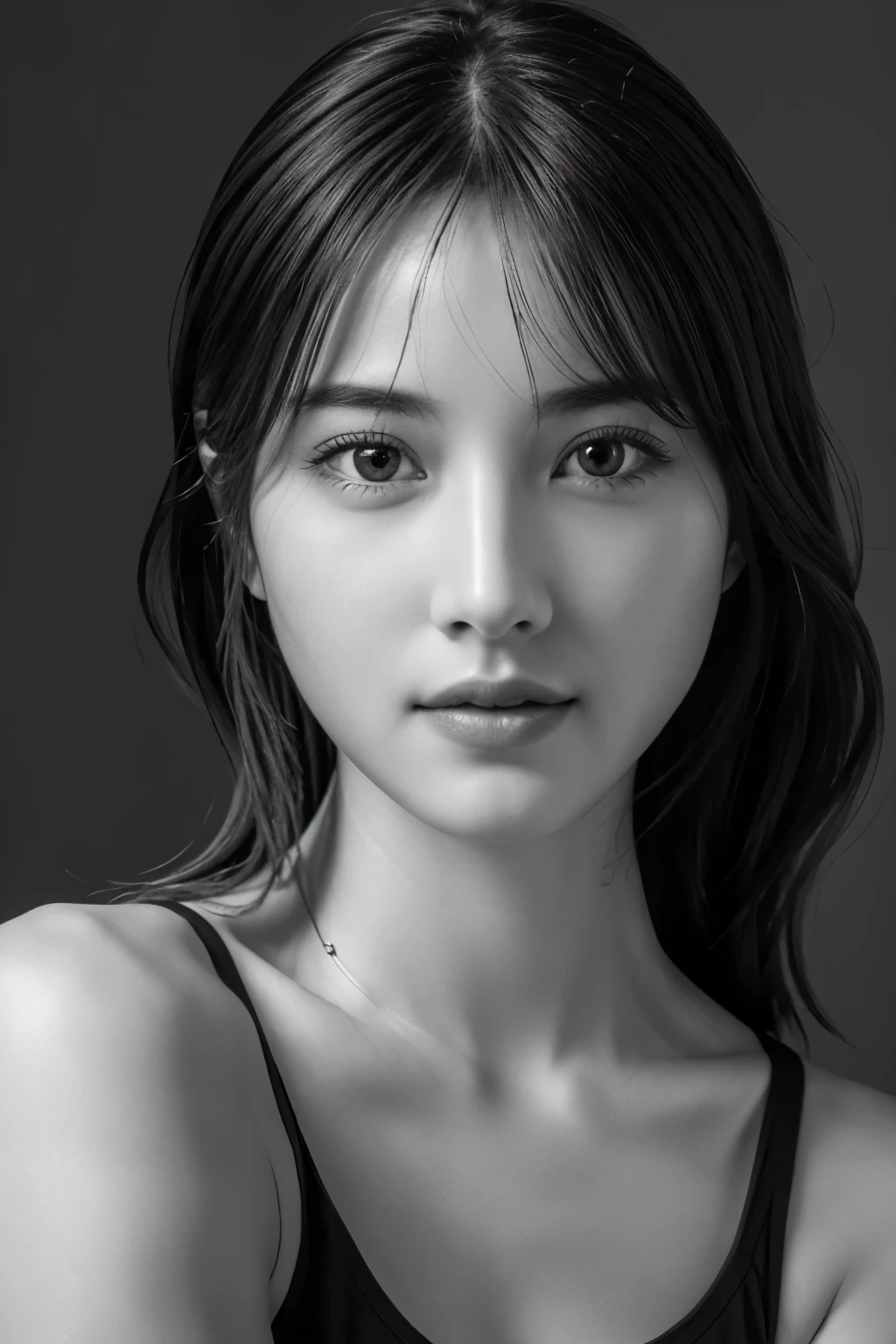 table top, highest quality, Photoreal, Super detailed, finely, High resolution, 8k wallpaper, RAW photo, Professional, Advanced level of detail, (((monochrome photography))), 1 girl, (facing the front), Upper body, perfect face, (Only lips red)