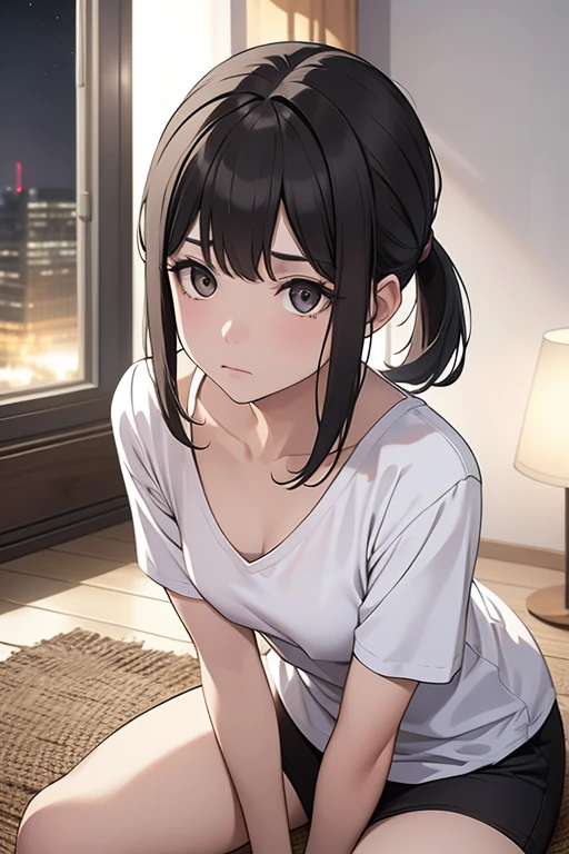 masterpiece, High resolution,High-definition CG Unity 8K,realistic,beautiful and detailed face, white skin,detailed hair textu,1 girl,black eyes,black hair,small breasts,low ponytail,(white V-neck T-shirt),(dynamic angle),(at night),room,sit on the floor,looking at viewer,(sad:1.1)