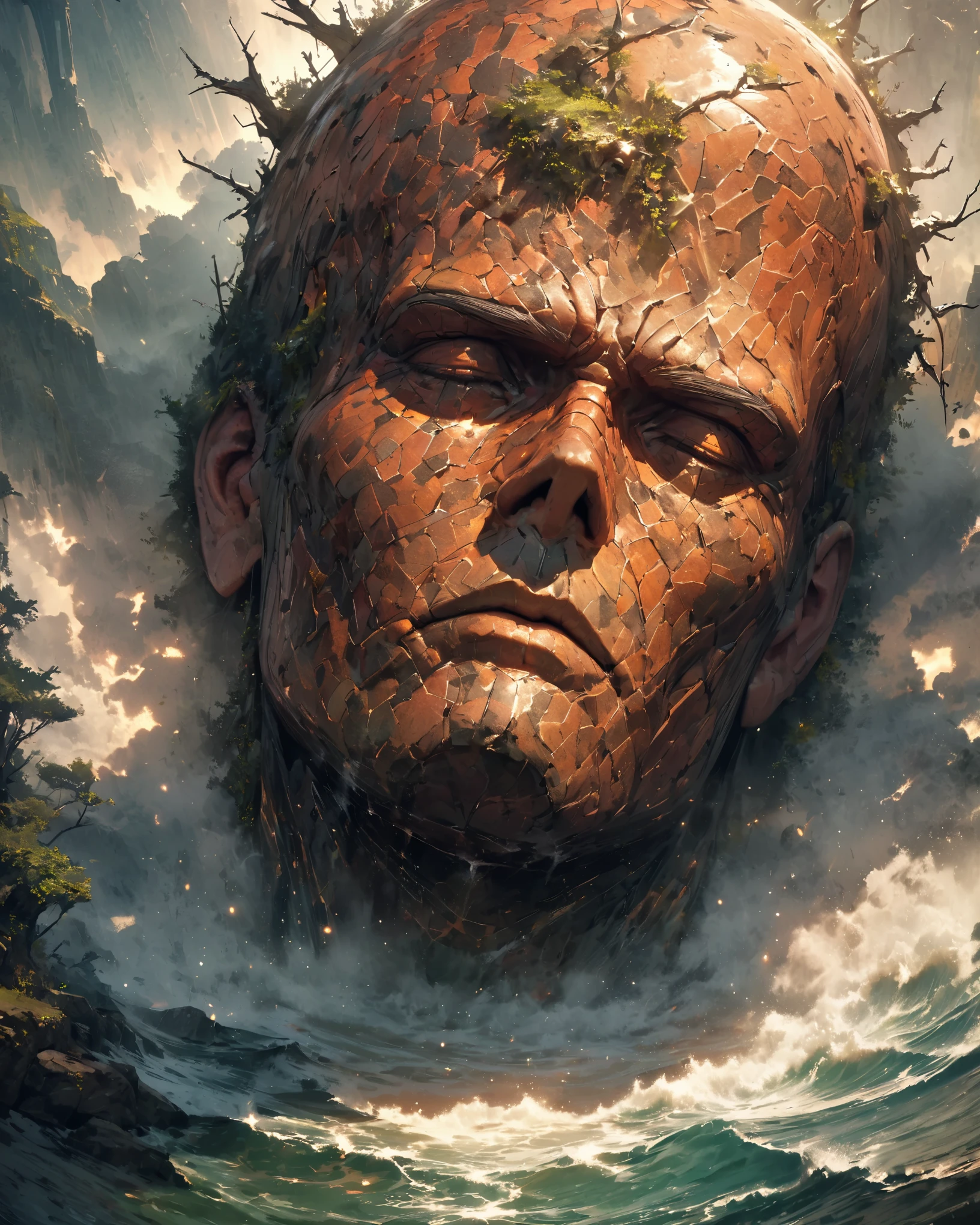 from above, bokeh, UHD, masterpiece, high details, high quality, award winning, best quality, highres, 16k，
(Looking up angle），Big Dumb Object，（Portrait of huge handsome man head sculpture collapsed in water：1.3），Great Wilderness，Dense fog，old，Dead branches，Art style of Philip Hodas，Matte of the human soul, realism ，BDO works by American digital artist Stuart Lippincott，Use advanced tones and shading，Creates a dazzling and mysterious light，The deep spatial pattern and mysterious atmosphere,Create a sci-fi mechanical god realm,Highlighting the insignificance of human beings，and fear of the unknown，minimalist art，fantasy，Surrealism，in style of Sharpie drawing, portrait, beautiful detailed