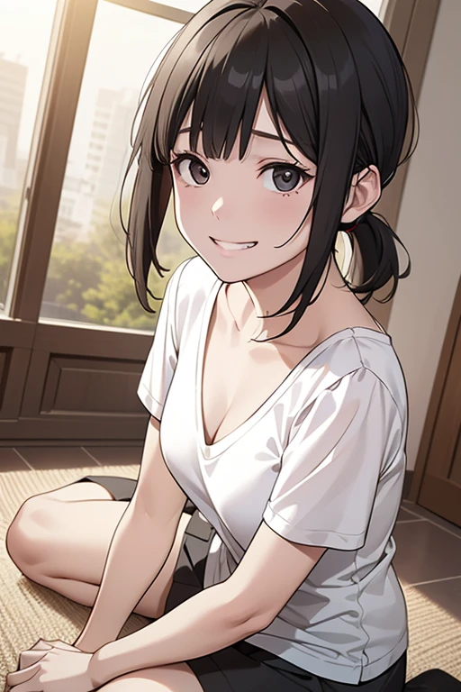 masterpiece, High resolution,High-definition CG Unity 8K,realistic,beautiful and detailed face, white skin,detailed hair textu,1 girl,black eyes,black hair,small breasts,low ponytail,(white V-neck T-shirt),(dynamic angle),(at night),room,sit on the floor,looking at viewer,(sad:1.1),(grin)