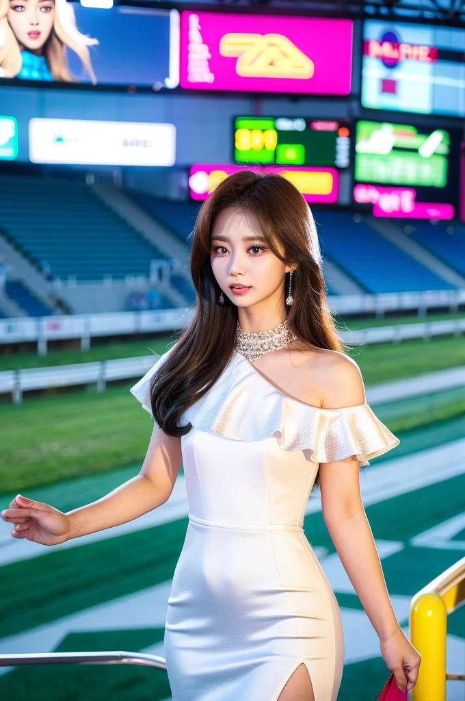 Tzuyu 1, woman, (realistic), (hyper realism), (photorealistic), Depth of the bounds written, eye make up:0.9, (whole body:1.2), (tight waist), looking at the viewer,at the racing track, lace queen, Sexy dress with open shoulders and chest