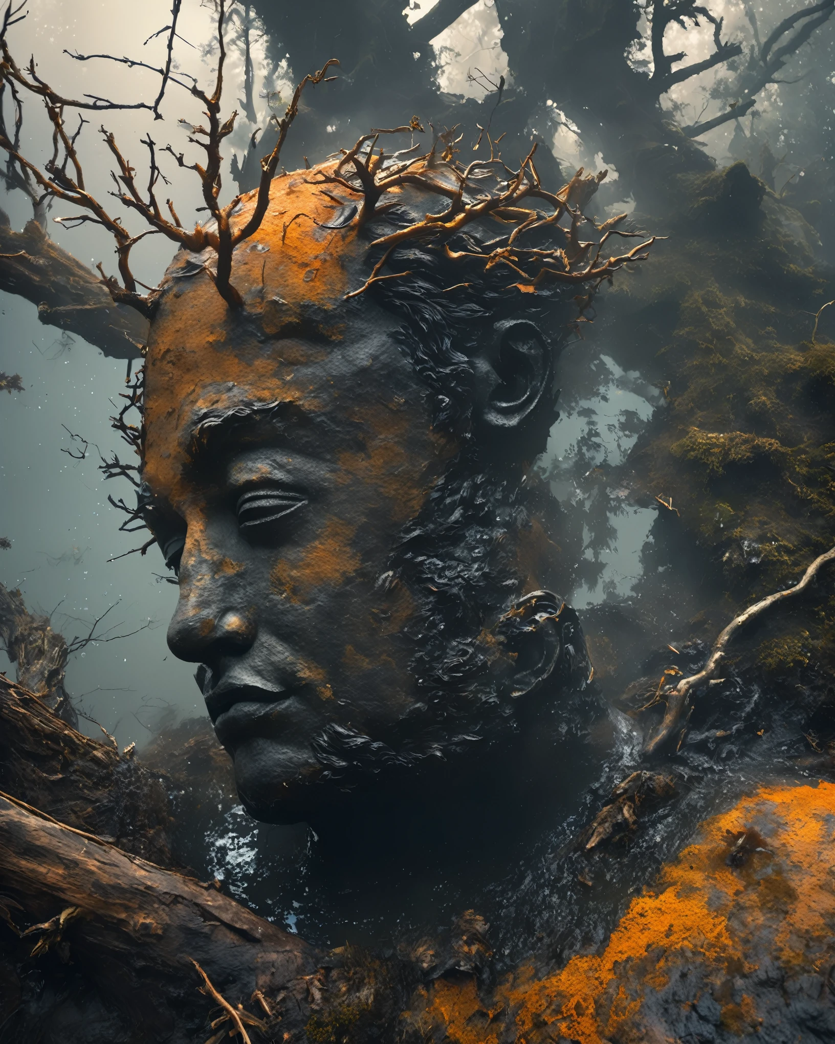 Black and orange background，from above, bokeh, UHD, masterpiece, high details, high quality, award winning, best quality, highres, 16k，
(Looking up angle），Big Dumb Object，（Portrait of huge handsome man head sculpture collapsed in water：1.3），Great Wilderness，Dense fog，old，Dead branches，Art style of Philip Hodas，Matte of the human soul, realism ，BDO works by American digital artist Stuart Lippincott，Use advanced tones and shading，Creates a dazzling and mysterious light，The deep spatial pattern and mysterious atmosphere,Create a sci-fi mechanical god realm,Highlighting the insignificance of human beings，and fear of the unknown，minimalist art，fantasy，Surrealism，