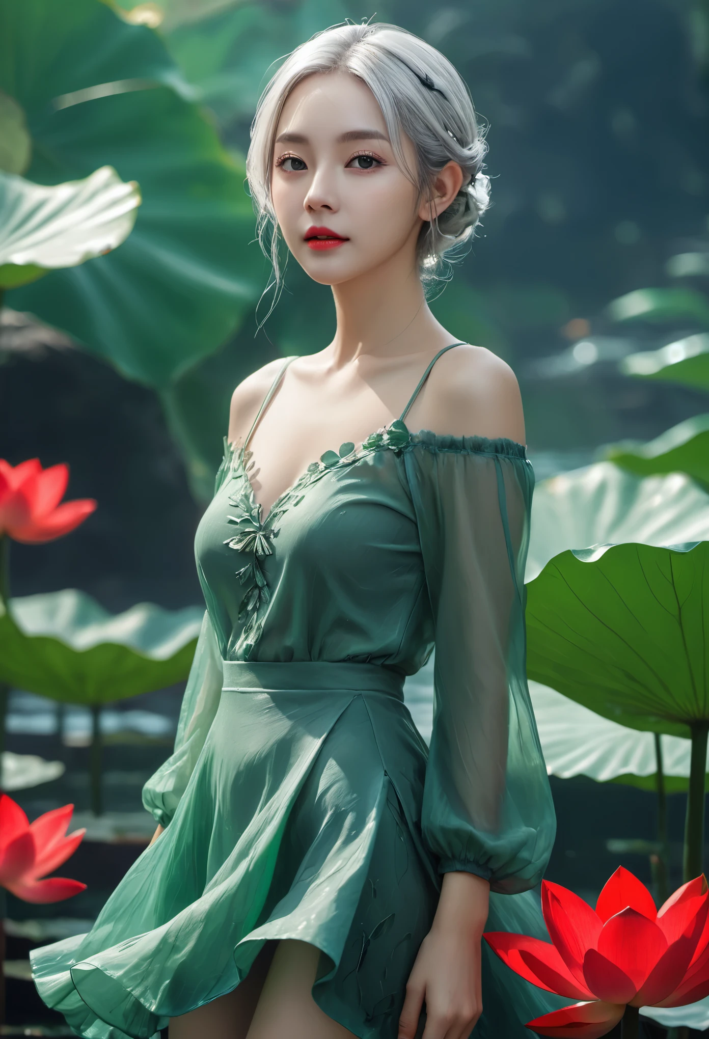 Best Quality, Masterpiece, Ultra High Resolution, (Realisticity:1.4), photorealistic, extreme detailed, Original Photo, 1girl, portrait, (fullbody), elf, silver hair, solo, (dynamic posture:1.4), mini_skirt, (dark sea green tone:1.2), giant lotus leaf, dress, looking at the audiences, long sleeves, red lips, smile, 50mm, F0.8, 8K raw, depth of field