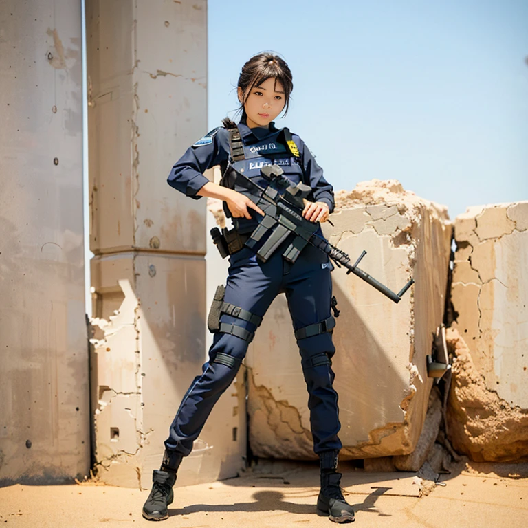 Highly condensed solo in combat action、solo shot、(whole body:0.5, View from the front))action pose、best image quality, excellent details, ultra high resolution, (realism: 1.4), ((full body:0.5, View from the front)), One girl highly condensed in combat action, With a beautiful and delicate face, ((Shooting a machine gun)), (I like police uniforms with racing suits, military harness), have a machine gun, simple gray wall for background,